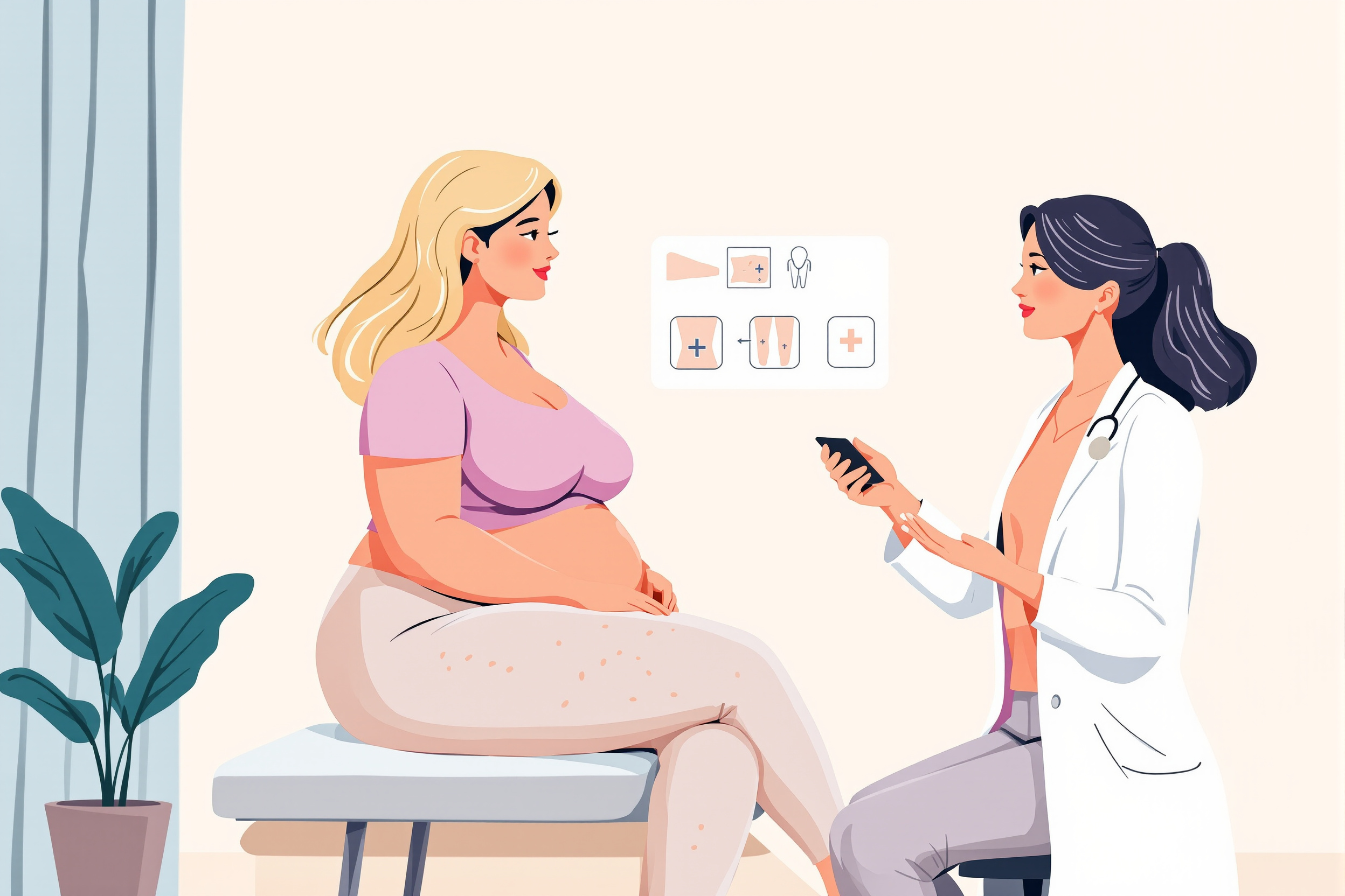 Illustration einer medizinischen Beratung zur Liposuktion bei Lipödem mit Ärztin und Patientin.