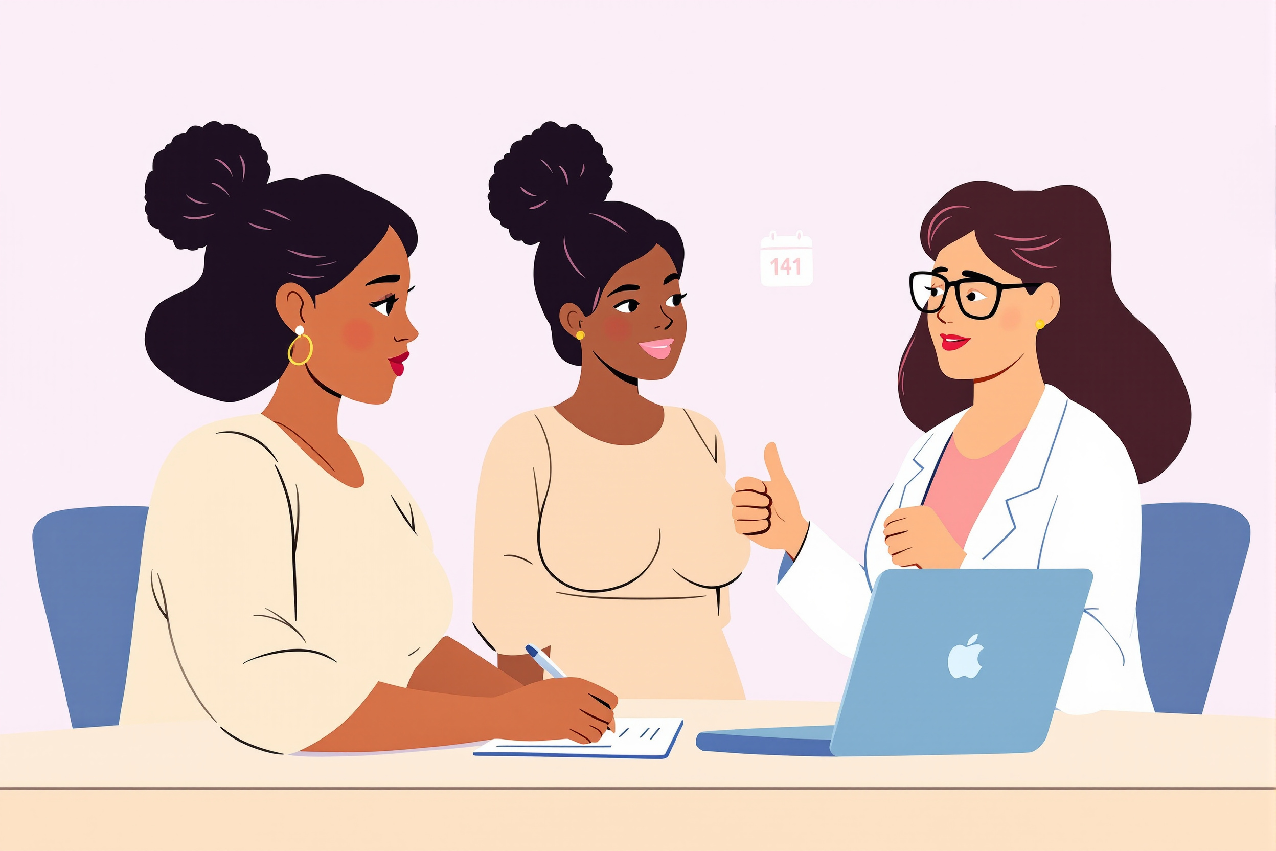 Illustration von drei Frauen, die sich über die Kostenübernahme von Liposuktion bei Lipödem informieren und einen Antrag stellen.