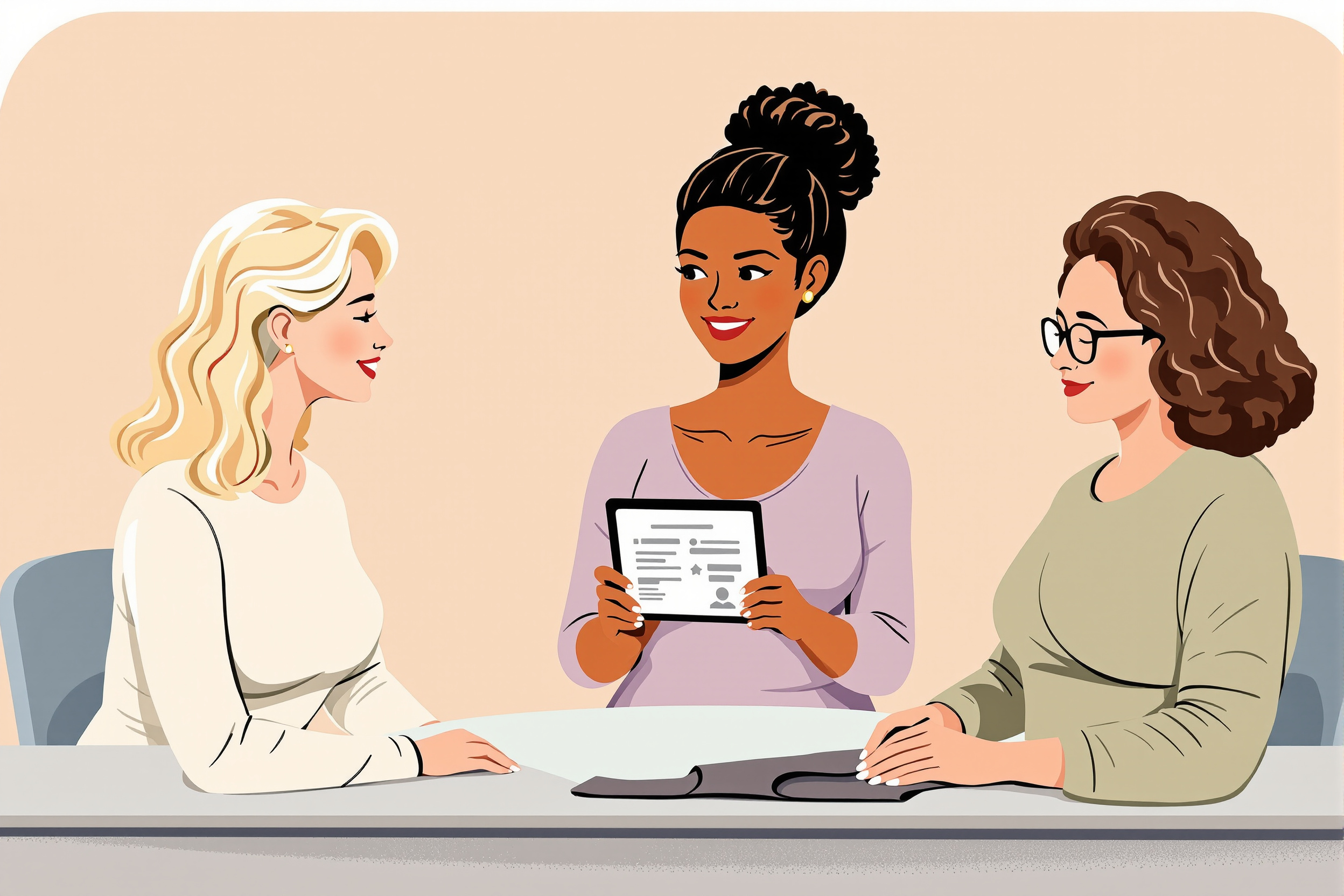 Drei Frauen besprechen Kostenerstattung für Kompressionskleidung nach einer Operation. Freundliche, unterstützende Atmosphäre.