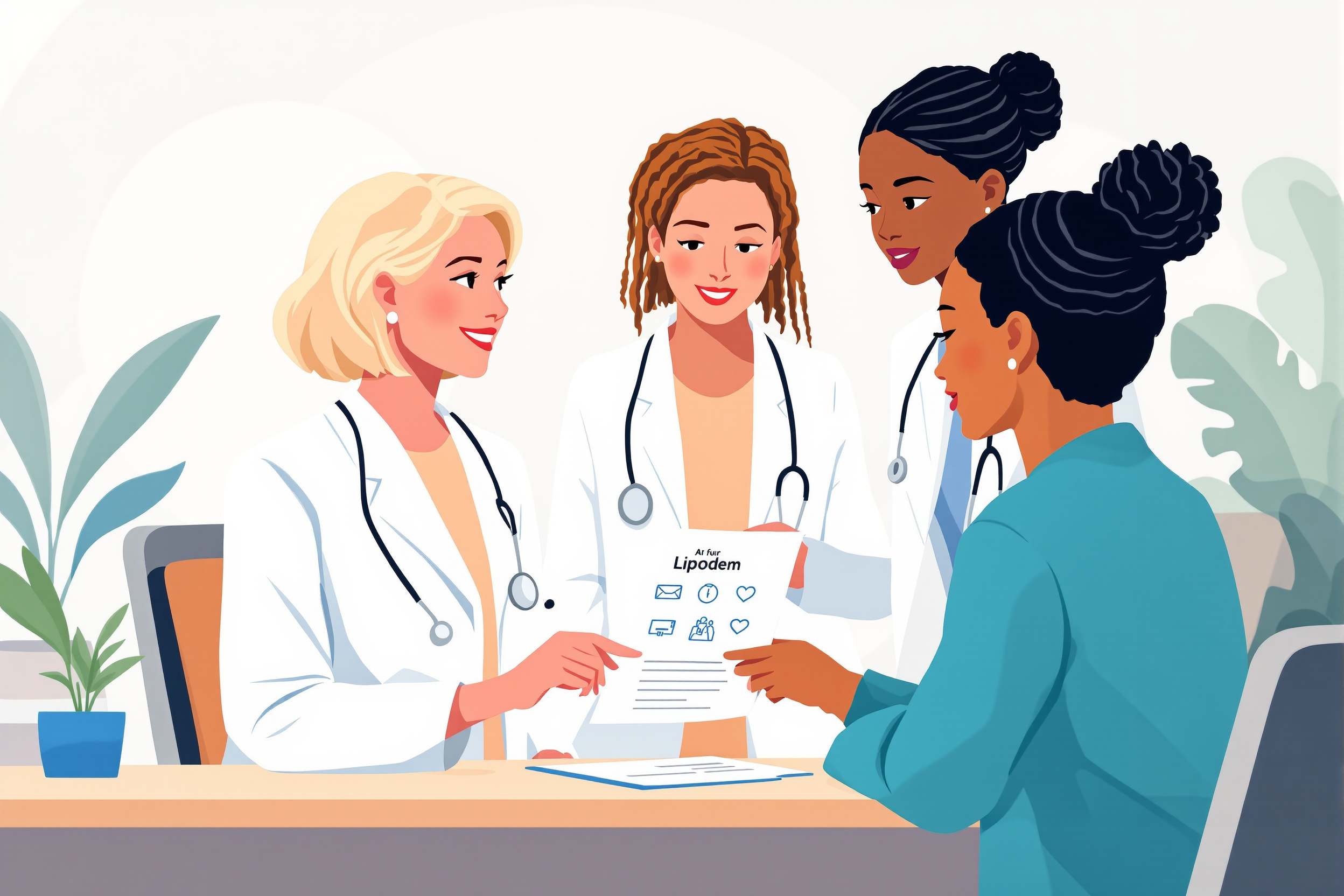 Ärztinnen prüfen Qualifikationsnachweise für Lipödem-Liposuktion.