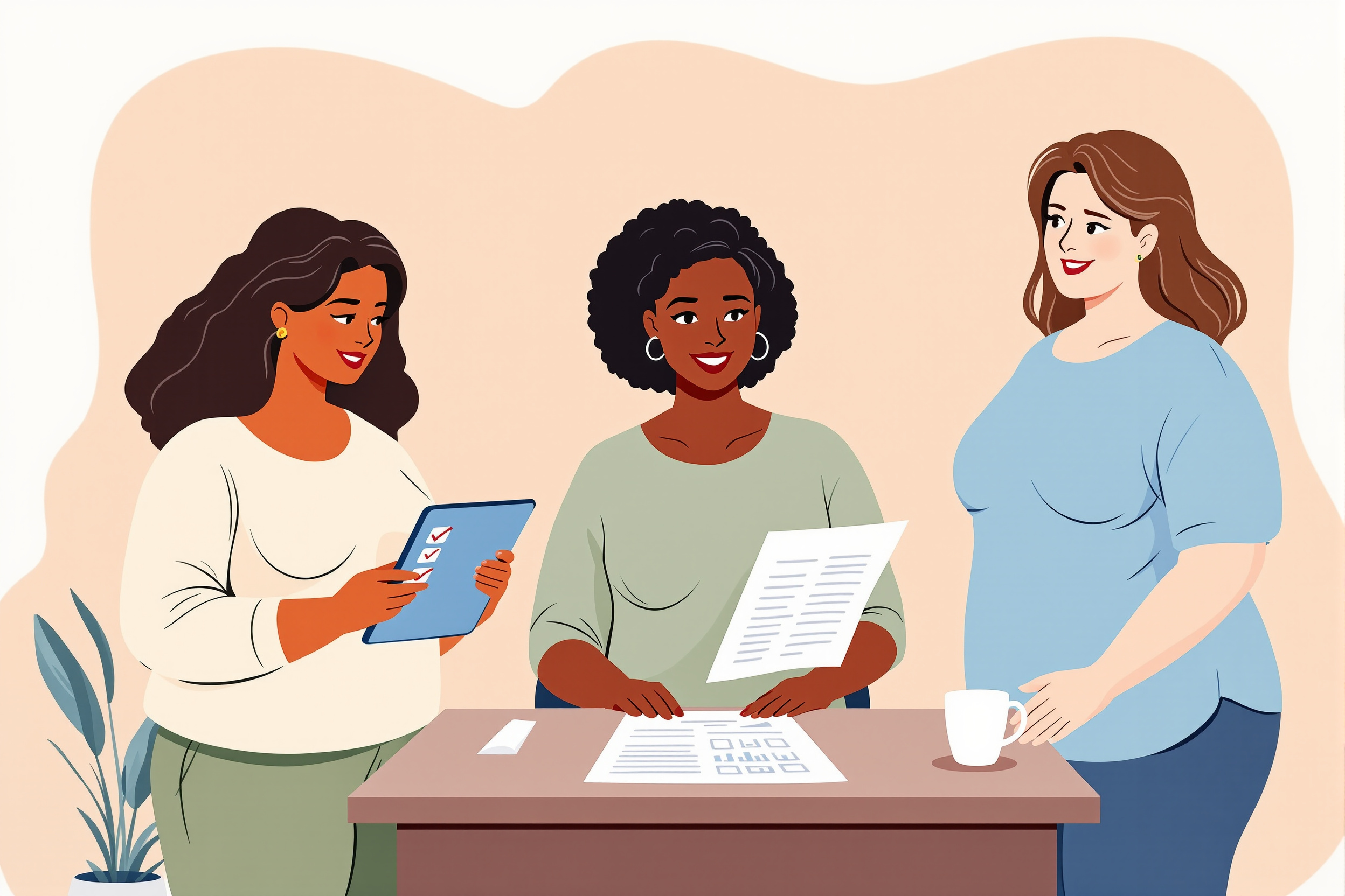 Illustration von drei diversen Frauen, die den Qualitätssicherungsprozess bei Lipödem-Liposuktion überprüfen.