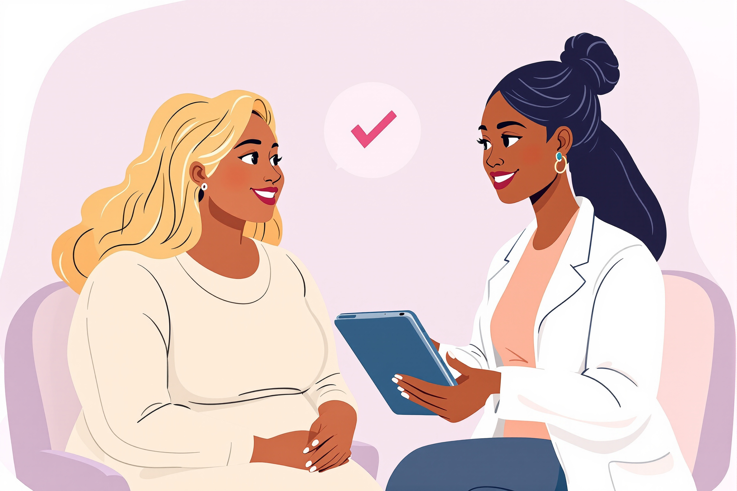 Illustration: Ärztin berät Patientin zu Liposuktion als Kassenleistung bei Lipödem.