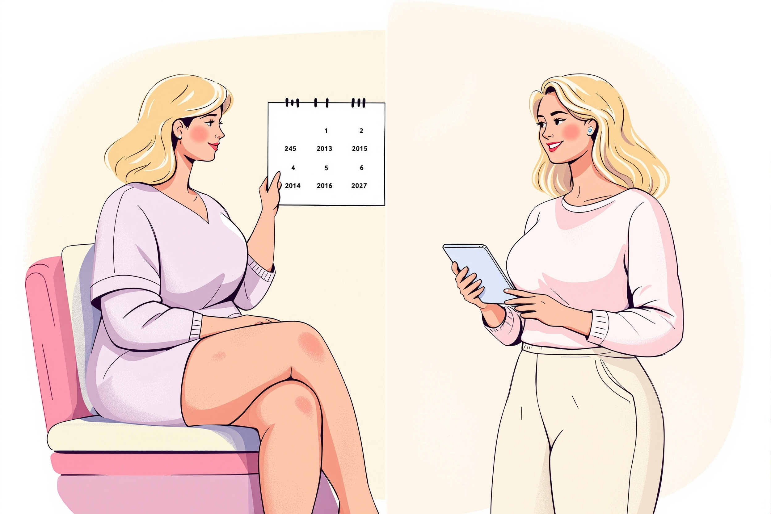 Illustration einer Frau mit Lipödem, die mehrere Liposuktionen durchläuft, wobei die LipoAlly-App Unterstützung bietet.