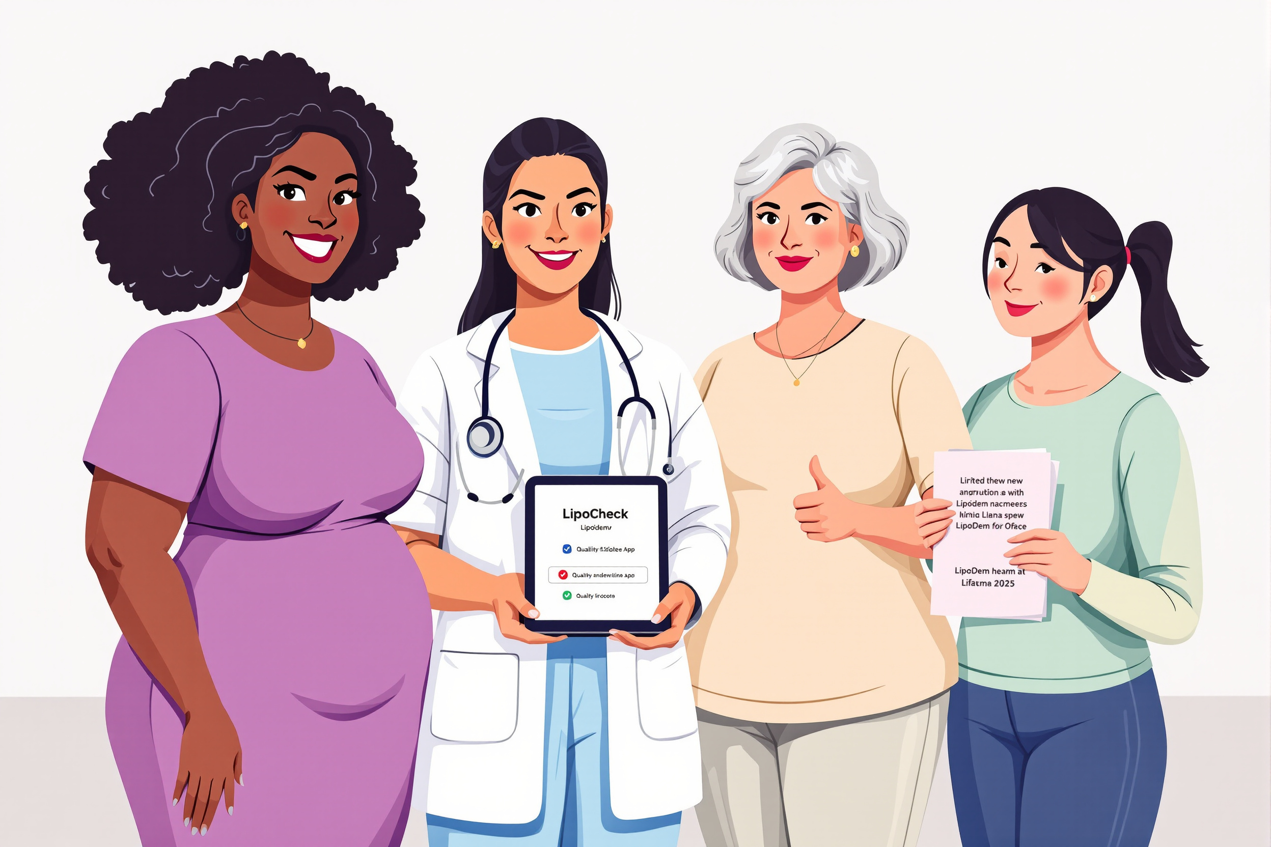 Illustration von vier Frauen, die die Qualitätssicherung bei Liposuktion für Lipödem darstellen, mit der LipoCheck-App und der Richtlinie 2025.