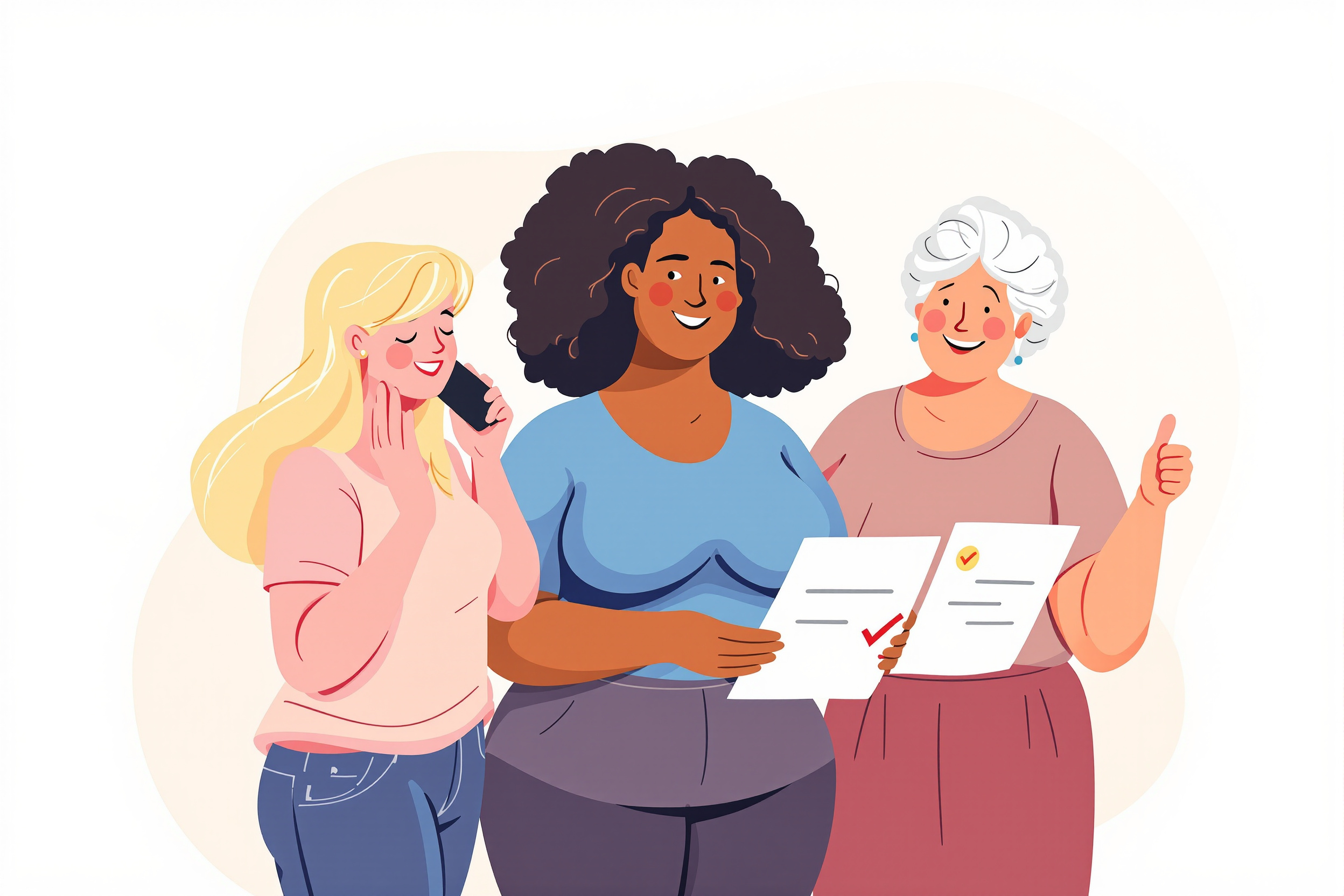 Illustration von drei diversen Frauen, die sich über die Bewilligung der Kostenübernahme für Liposuktion bei Lipödem durch die Krankenkasse freuen.