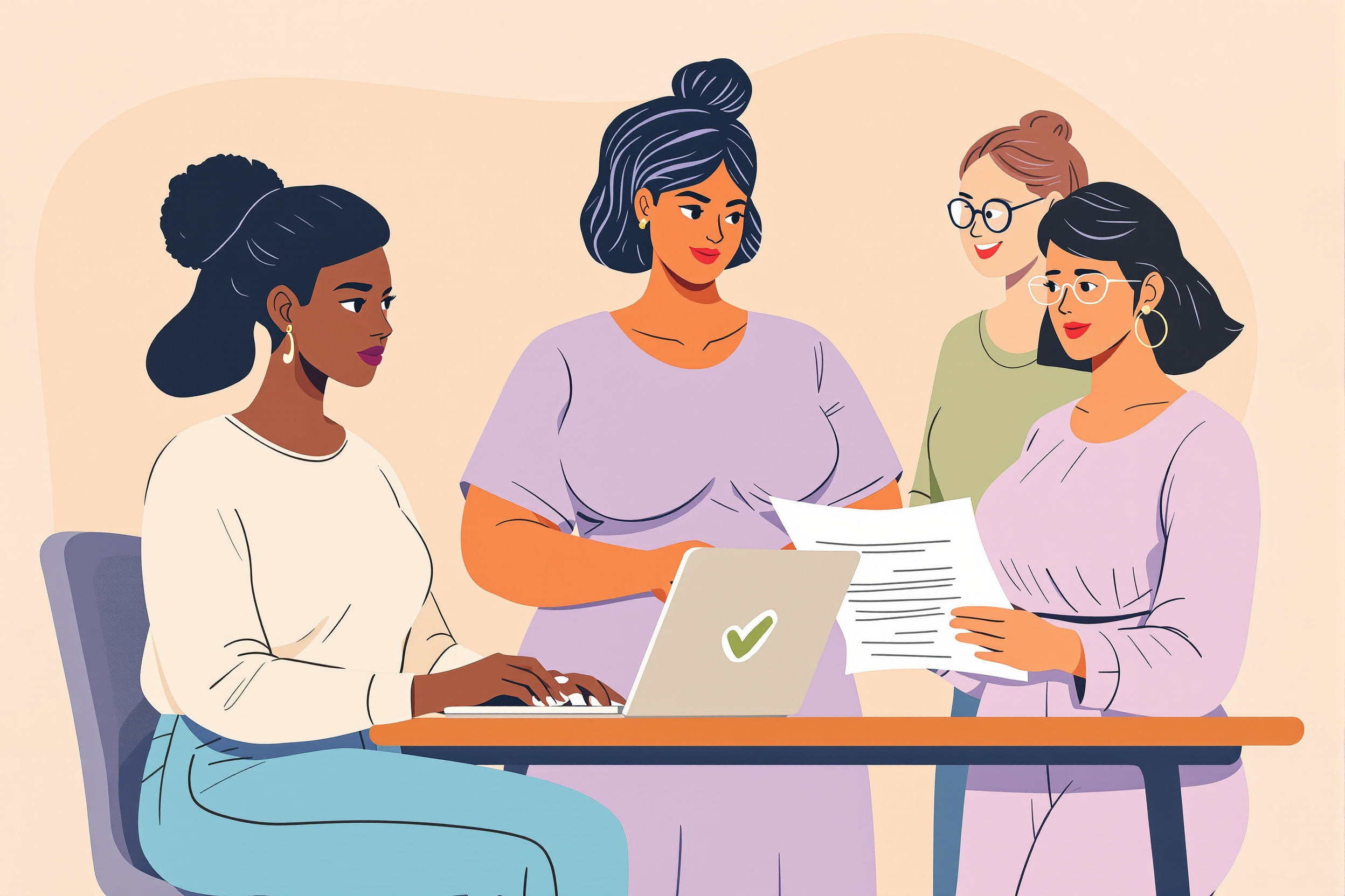 Illustration von drei Frauen, die gemeinsam einen Antrag auf Kostenübernahme für eine Lipödem-OP stellen.