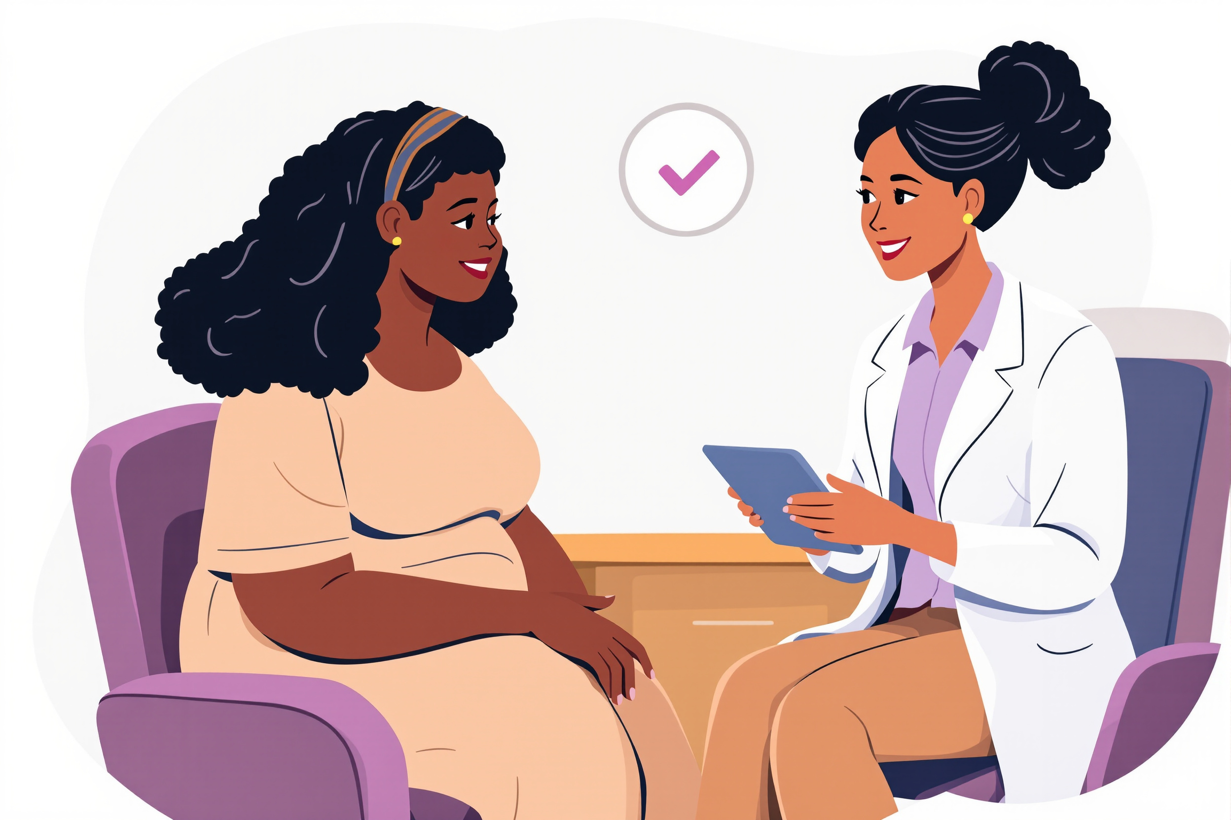 Illustration: Frau spricht mit Ärztin über Lipödem-Behandlungskosten in freundlicher Atmosphäre.