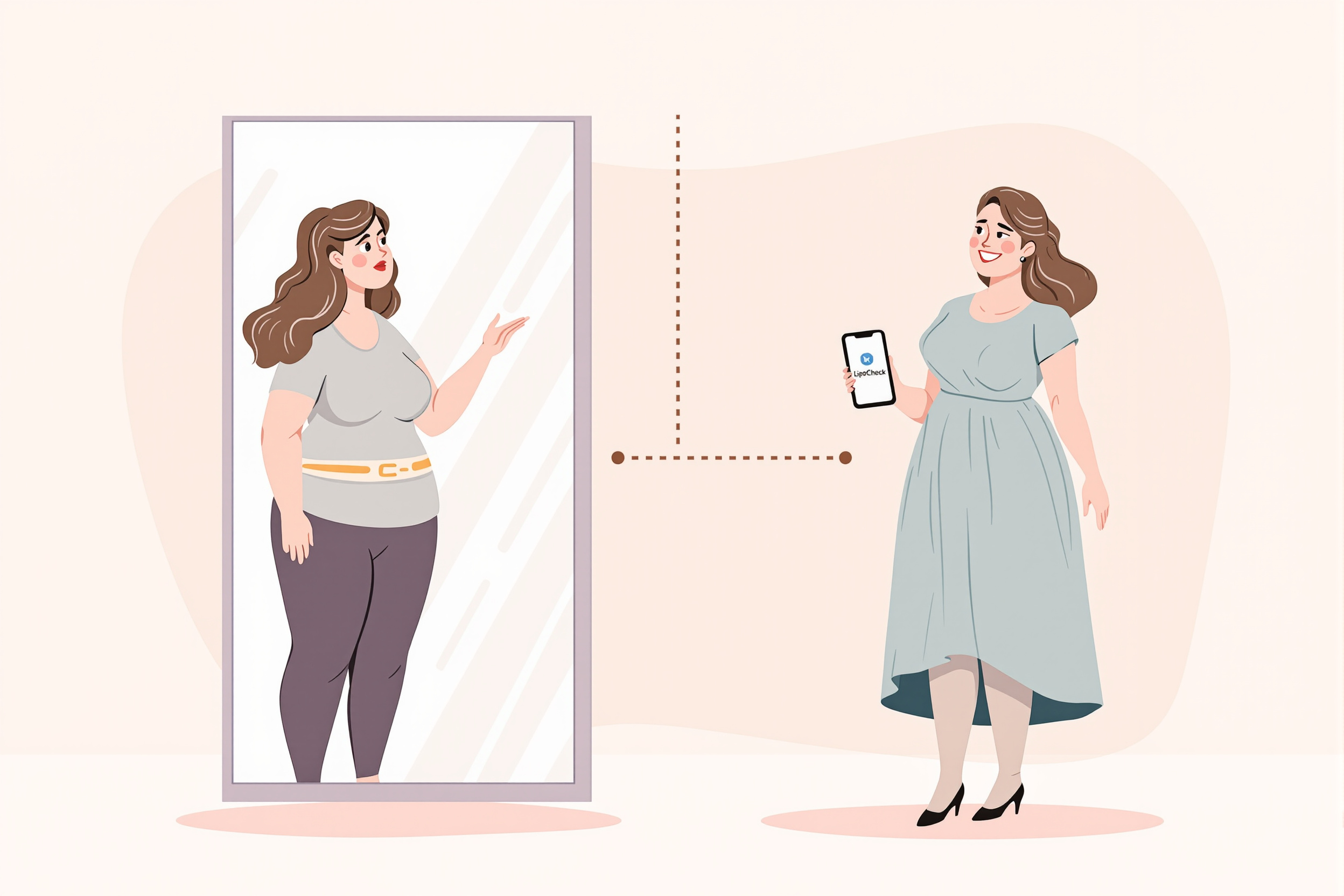 Illustration einer Frau vor und nach der Nutzung der LipoCheck App zur Lipödem Behandlung, im freundlichen Vektorstil.