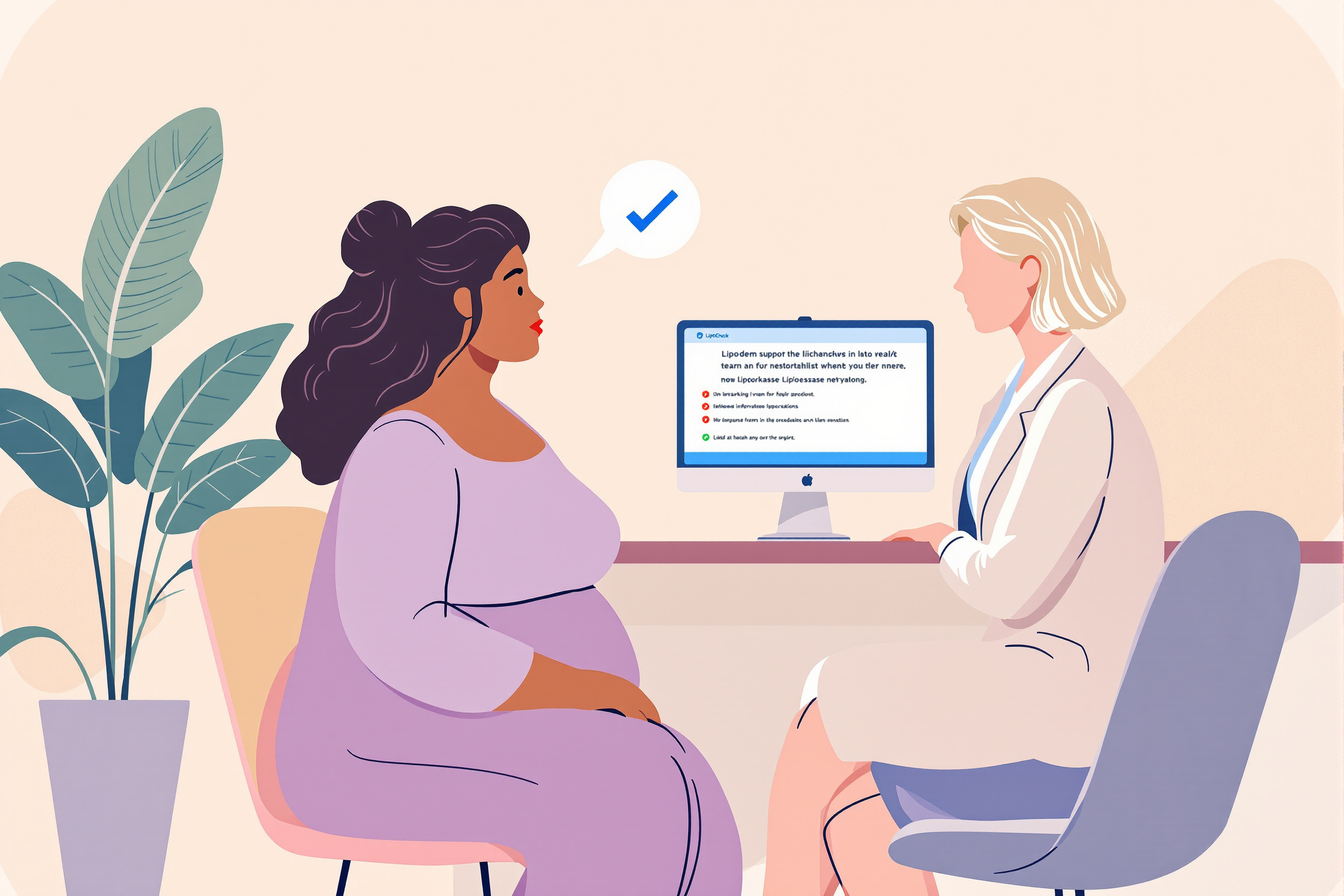 Illustration einer freundlichen Beratung zu Lipödem-Unterstützung durch die Krankenkasse.