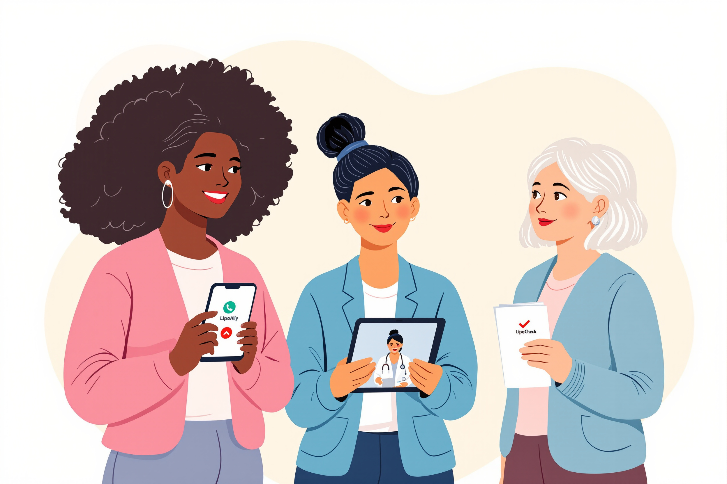 Illustration von drei Frauen, die die LipoAlly-App nutzen, um Lipödem zu behandeln. Die Frauen sind unterschiedlicher Herkunft und Körperbauart. Die App dient als Hilfsmittel bei der Therapie.