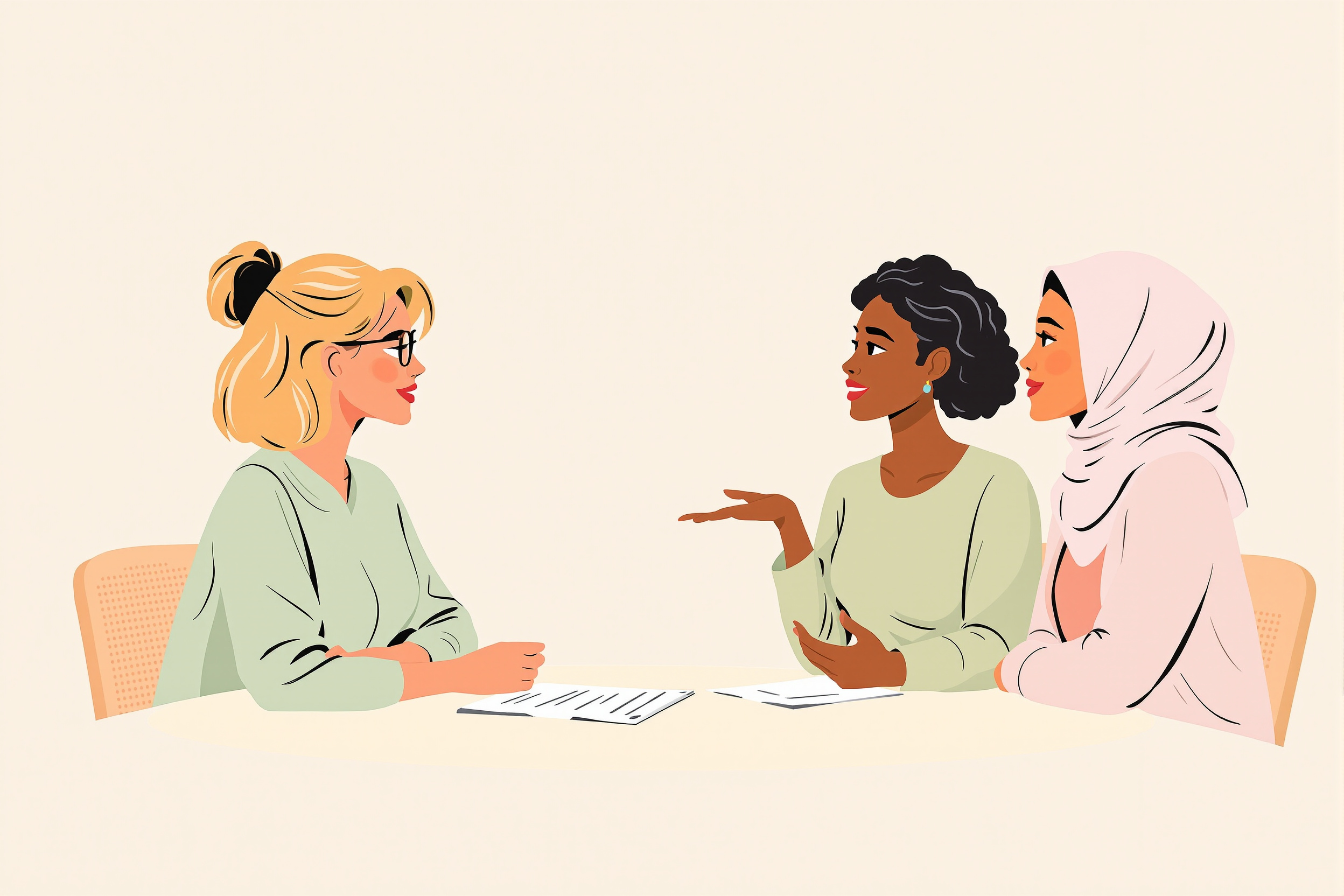 Illustration von drei Frauen, die über die Kostenübernahme von Liposuktion bei Lipödem sprechen.