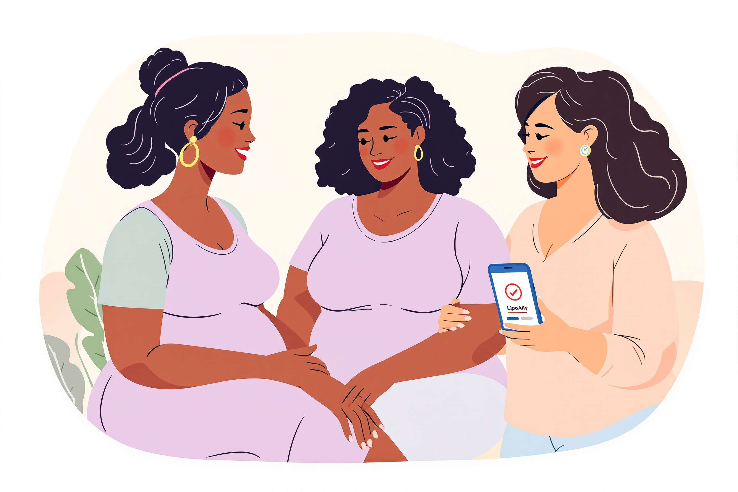 Illustration von drei Frauen, die Lymphdrainage nach Liposuktion besprechen, mit der LipoAlly App für Terminerinnerungen.