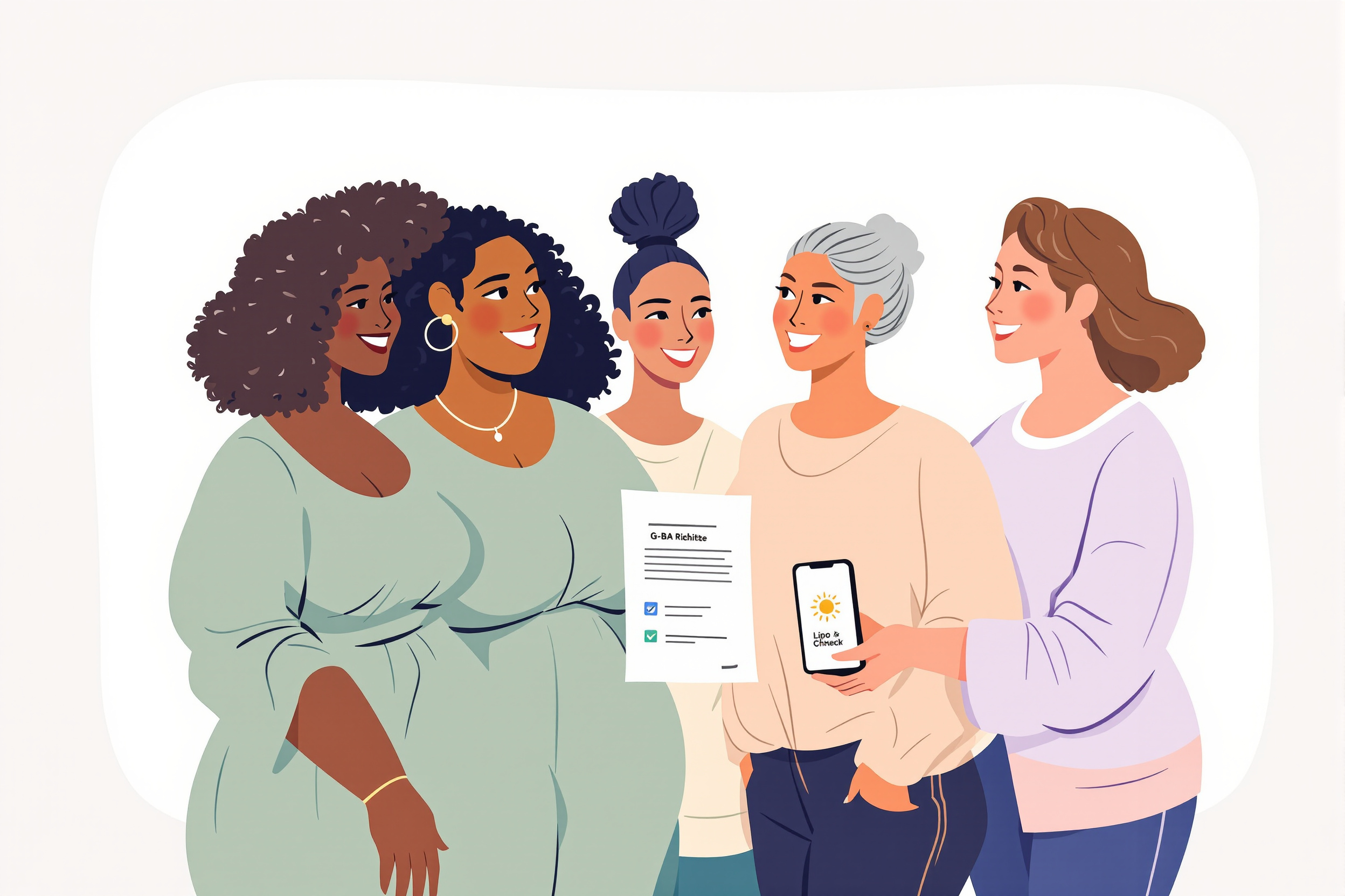 Illustration: Vier Frauen unterschiedlicher Ethnien freuen sich über die neuen Lipödem-Richtlinien für die Liposuktion.