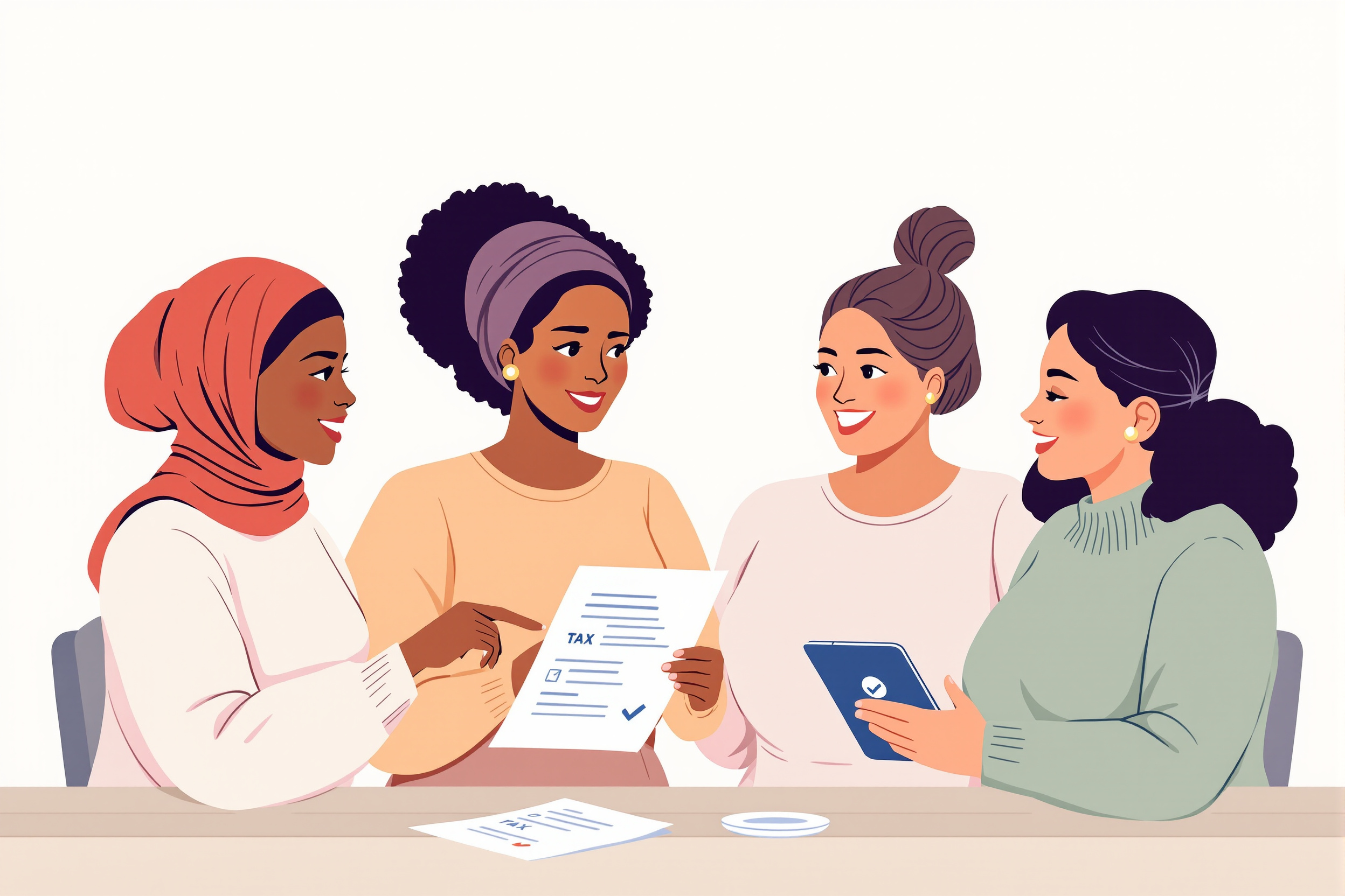 Illustration von vier Frauen, die über Steuerabzüge für medizinische Kompressionsstrümpfe sprechen, mit der LipoCheck-App auf einem Tablet.