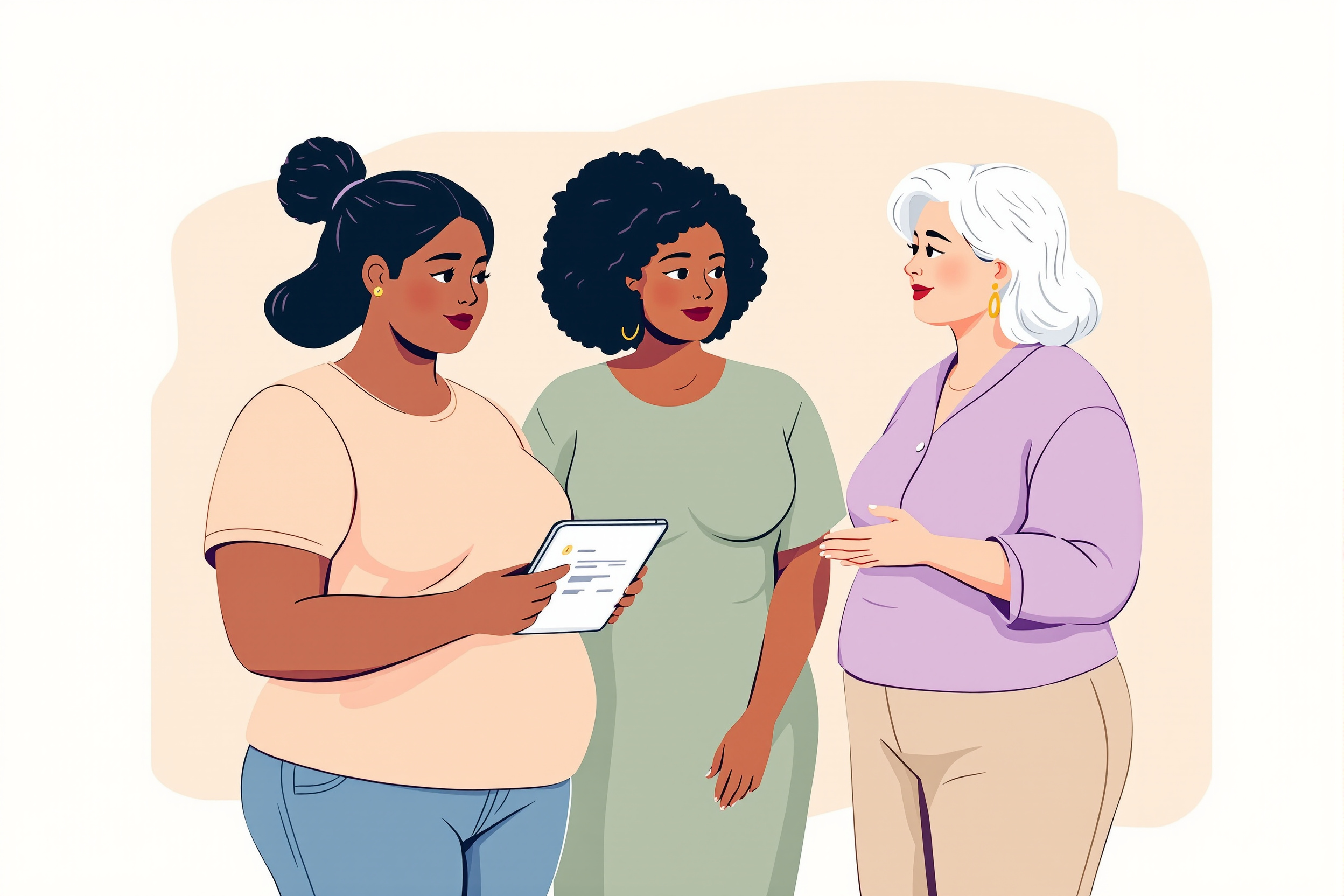 Illustration von drei Frauen, die über Krankenkassenleistungen für Lipödem-OPs sprechen.