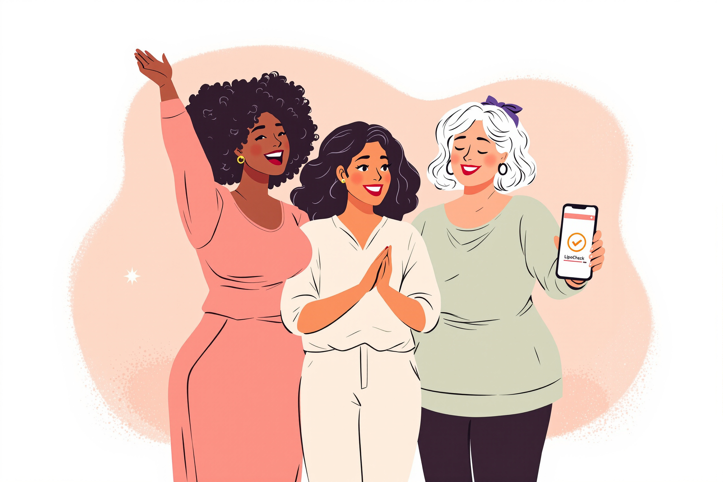 Illustration von drei Frauen unterschiedlicher Ethnien, die sich über die Kostenübernahme von Lipödem-Behandlungen freuen, mit LipoCheck App.