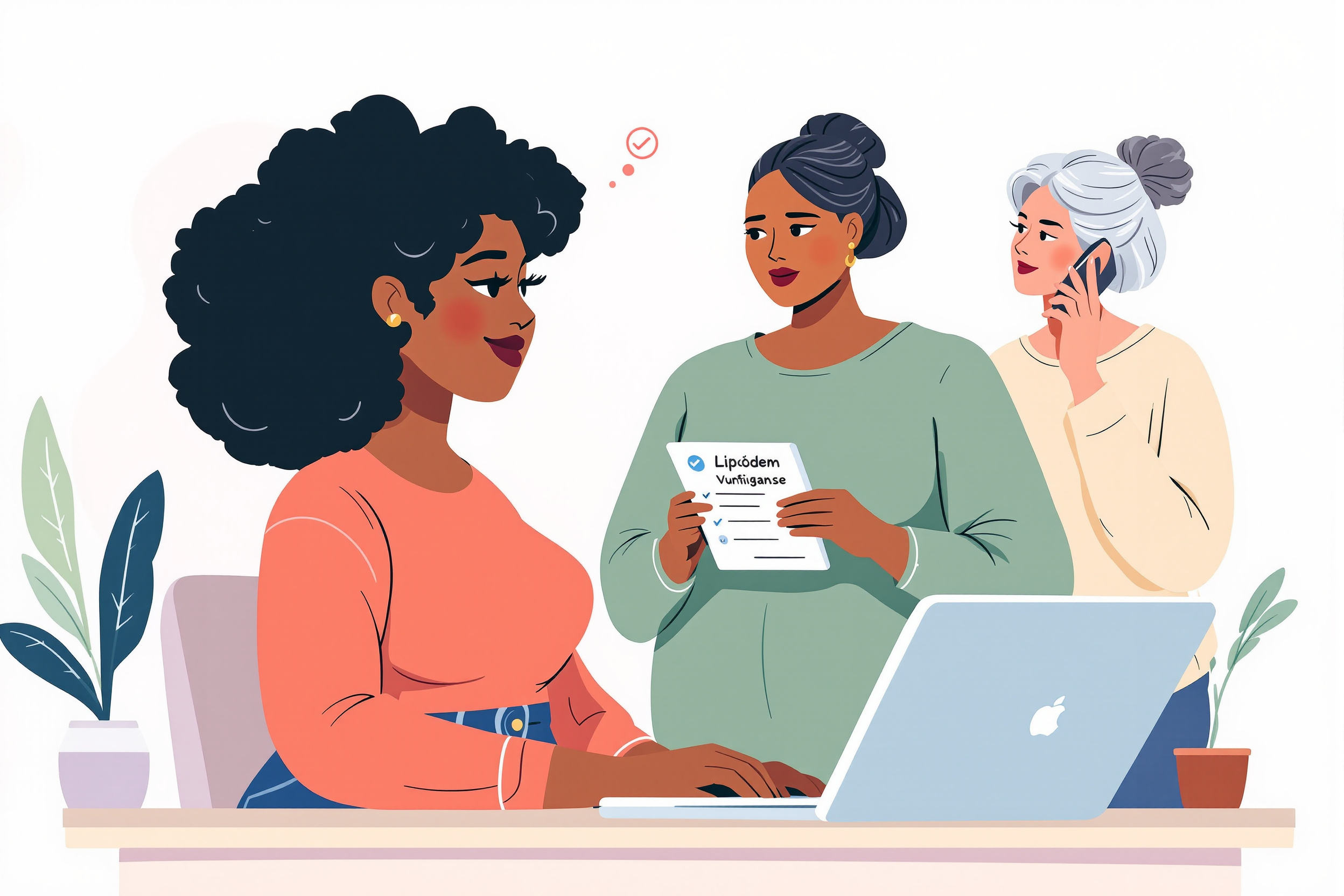 Illustration von Frauen, die Krankenkassenleistungen für Lipödem bewerten, im LipoCheck-Stil.