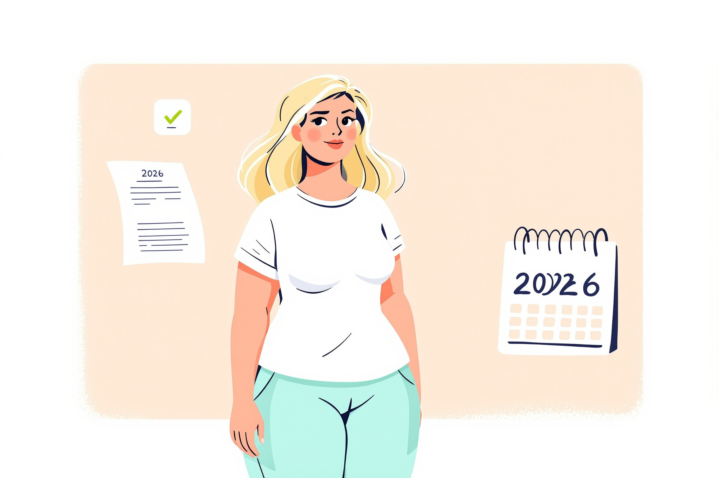 Illustration einer Frau, die selbstbewusst den Weg zur Kostenübernahme für ihre Lipödem-Behandlung im Jahr 2026 verfolgt, mit Kalender und Versicherungsunterlagen.