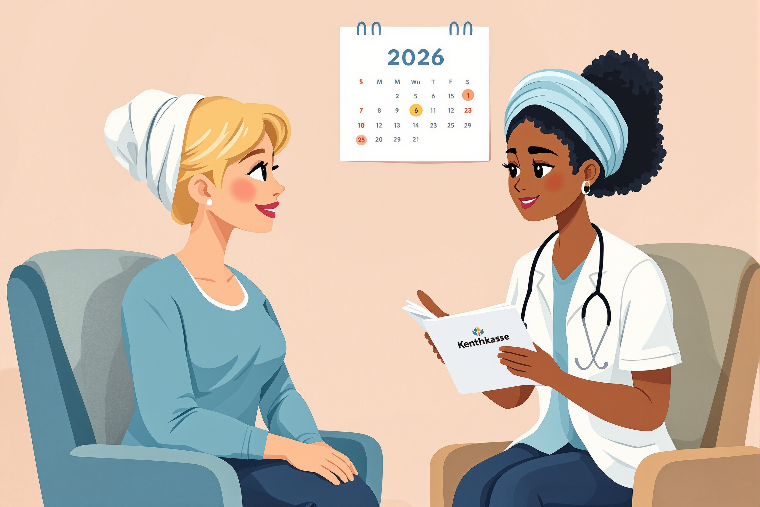 Illustration einer Ärztin, die einer Patientin die Kostenübernahme von Liposuktion durch die Krankenkasse nun erklärt.