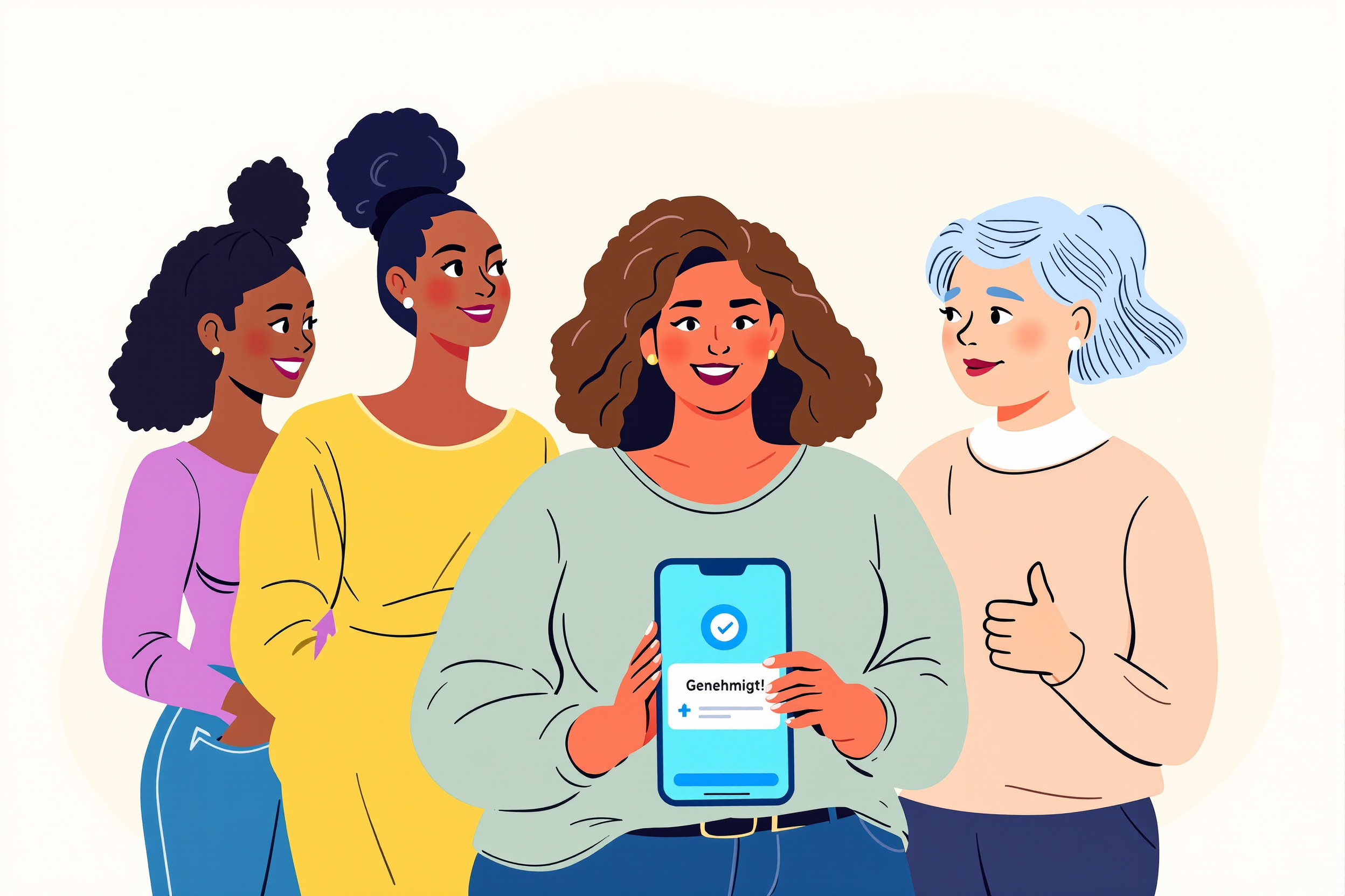 Illustration: Frauen freuen sich über die Krankenkassenzulassung von Lipödem-Behandlungen nun.