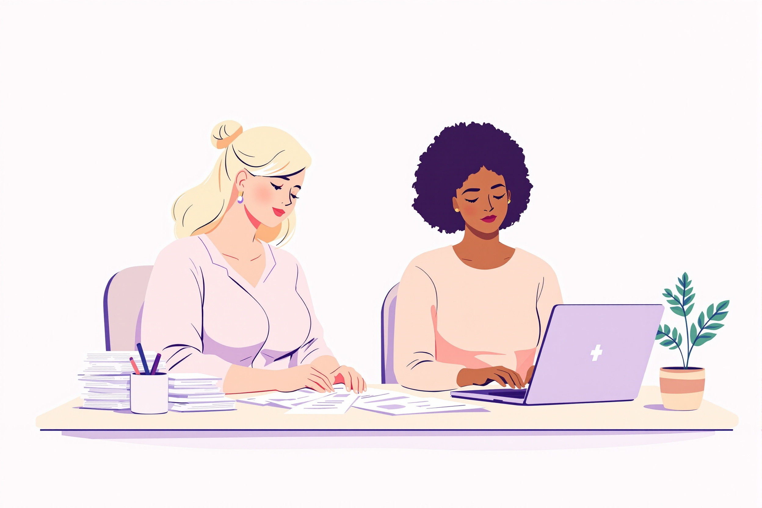 Illustration: Zwei Frauen bereiten Dokumente für eine Lipödem-OP vor.