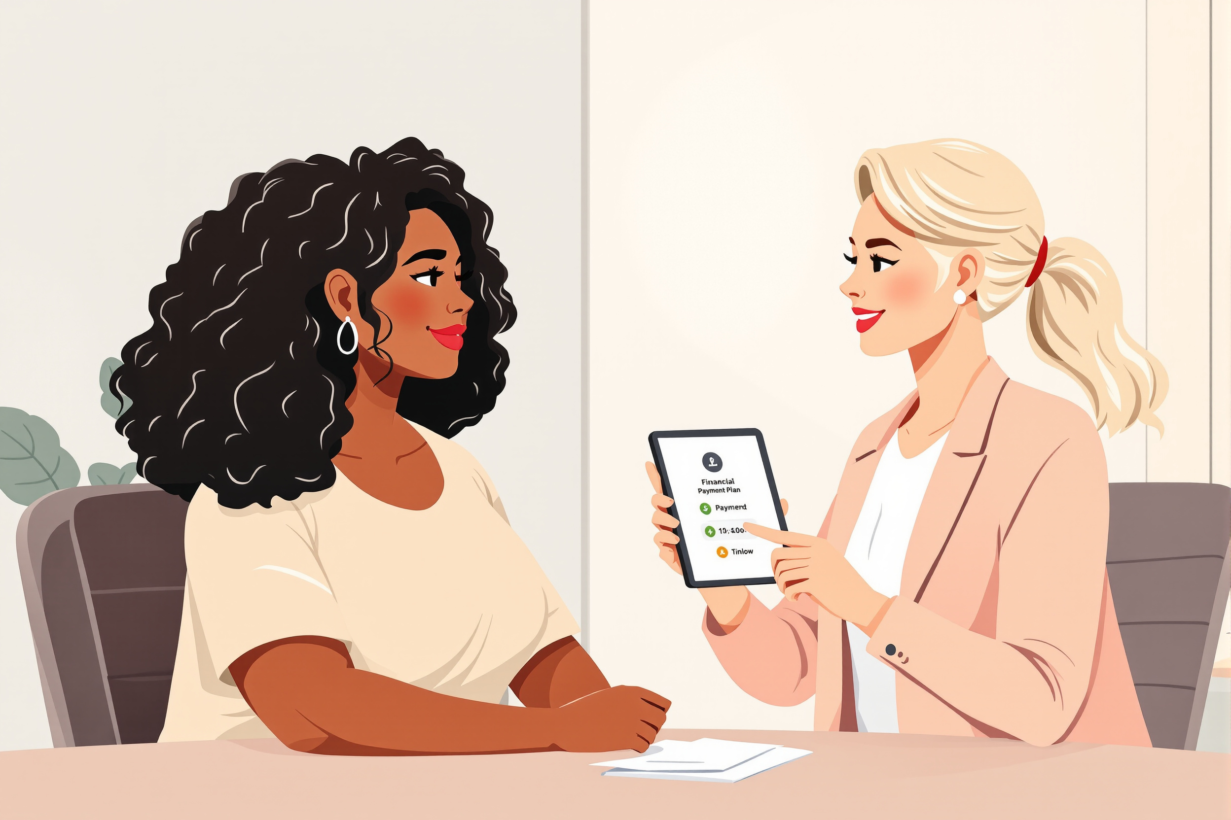 Illustration einer Frau, die sich über Finanzierungsoptionen für eine Lipödem-OP informiert.