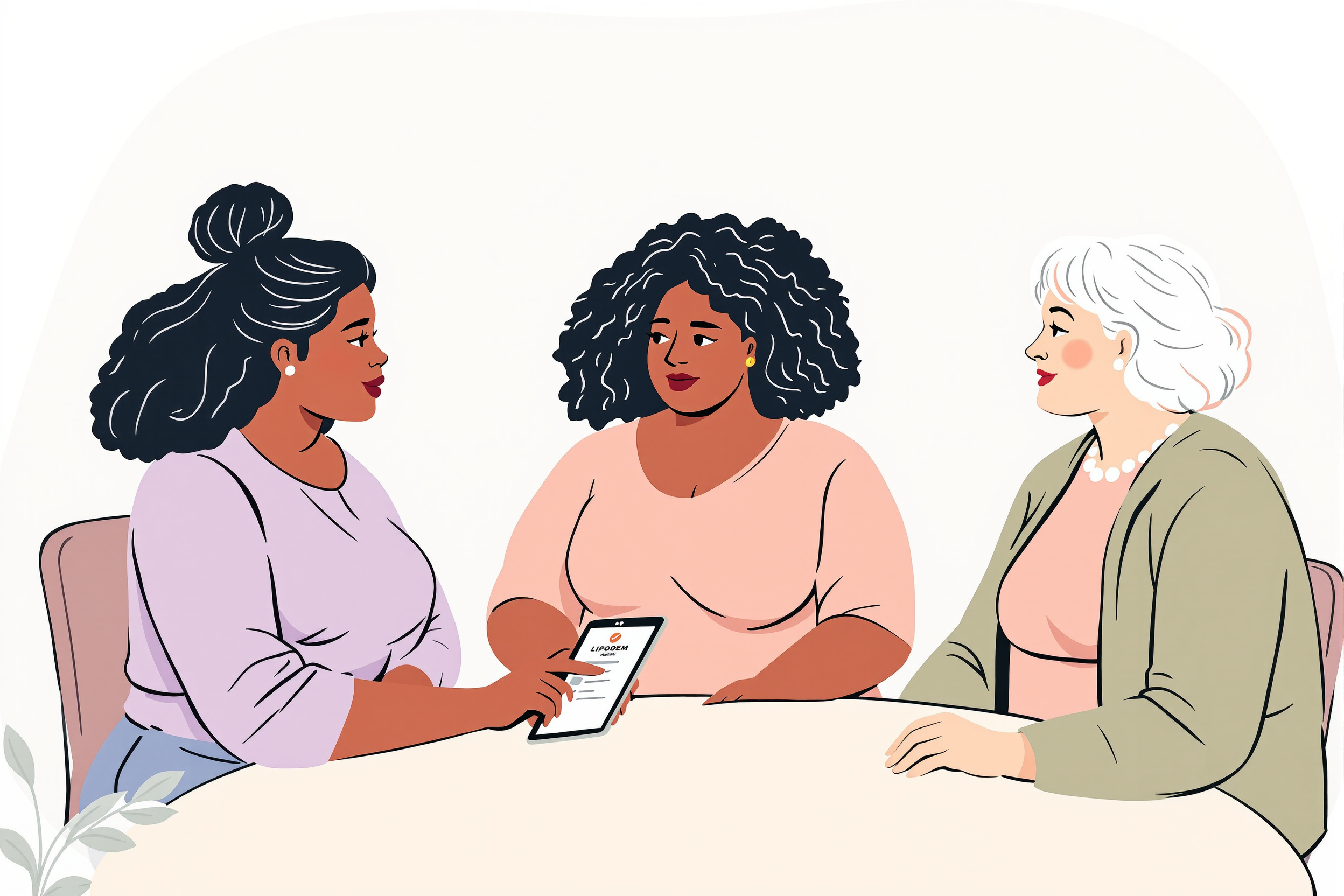 Illustration von Frauen, die sich über Lipödem-OP und Krankenkassenleistungen austauschen.