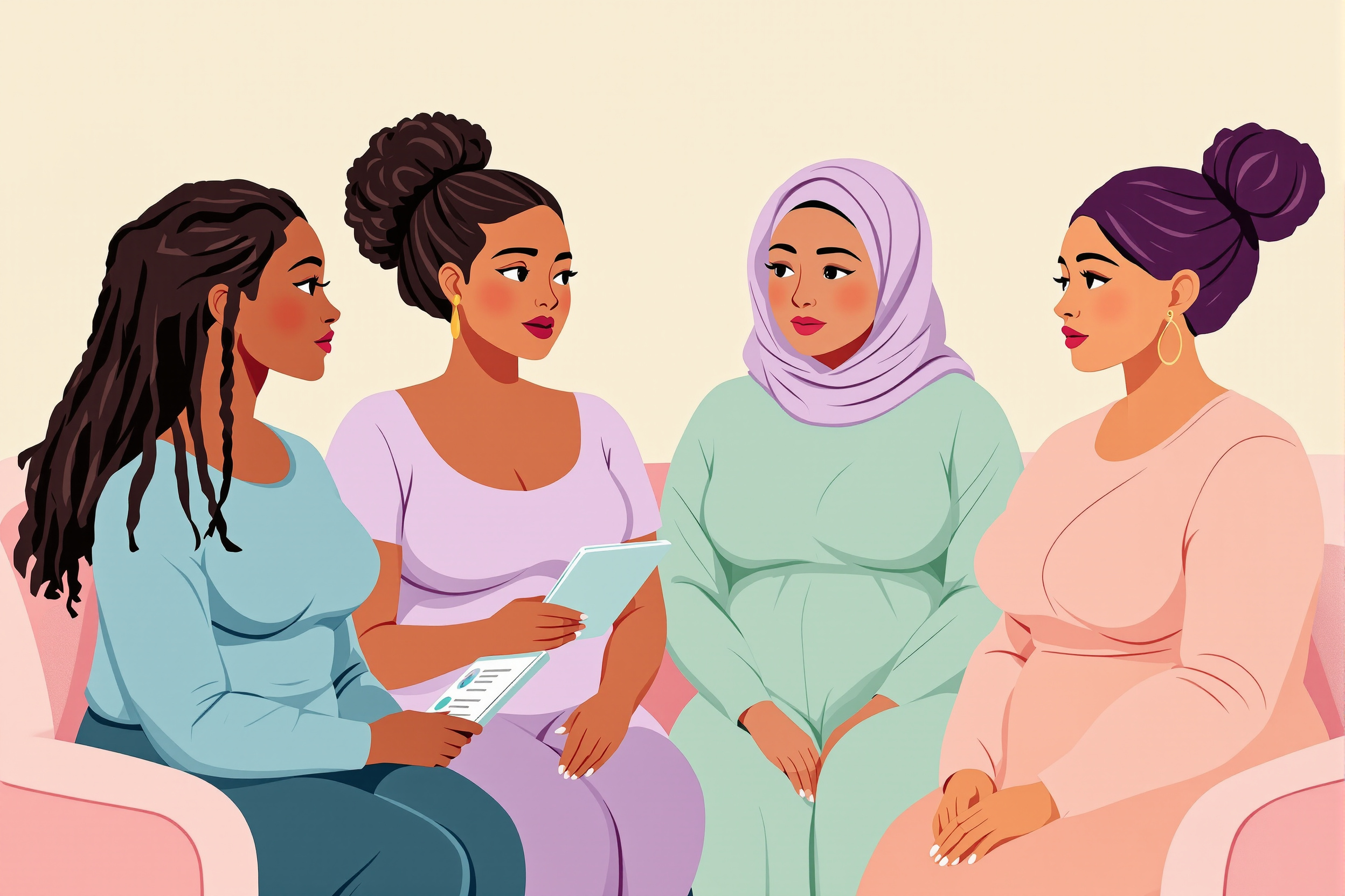 Illustration von vier Frauen, die Anästhesie-Optionen für Liposuktion bei Lipödem besprechen, in einem freundlichen, flachen Vektorstil.
