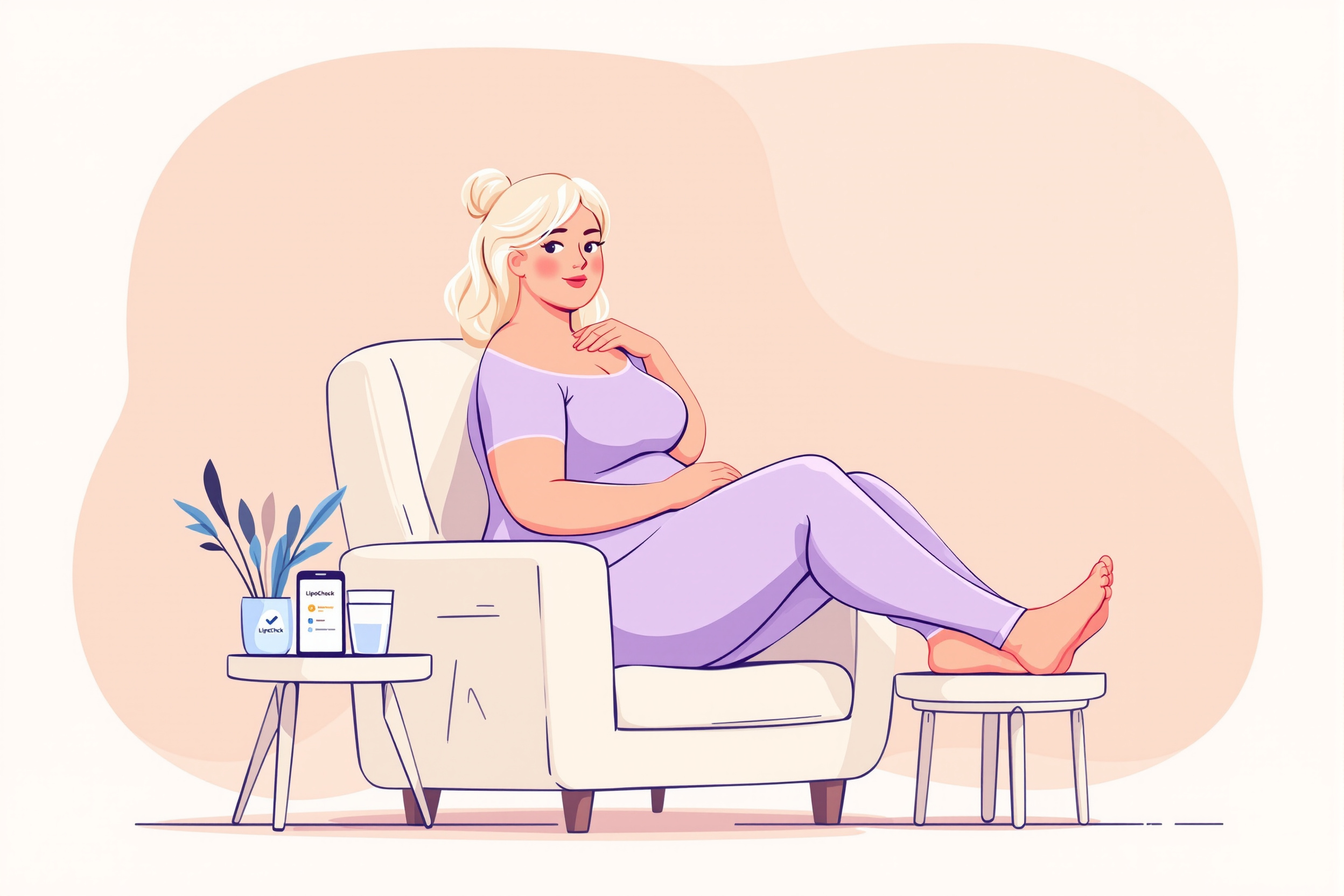 Illustration einer Frau in Kompressionskleidung nach Lipödem-Liposuktion, die sich zu Hause erholt.