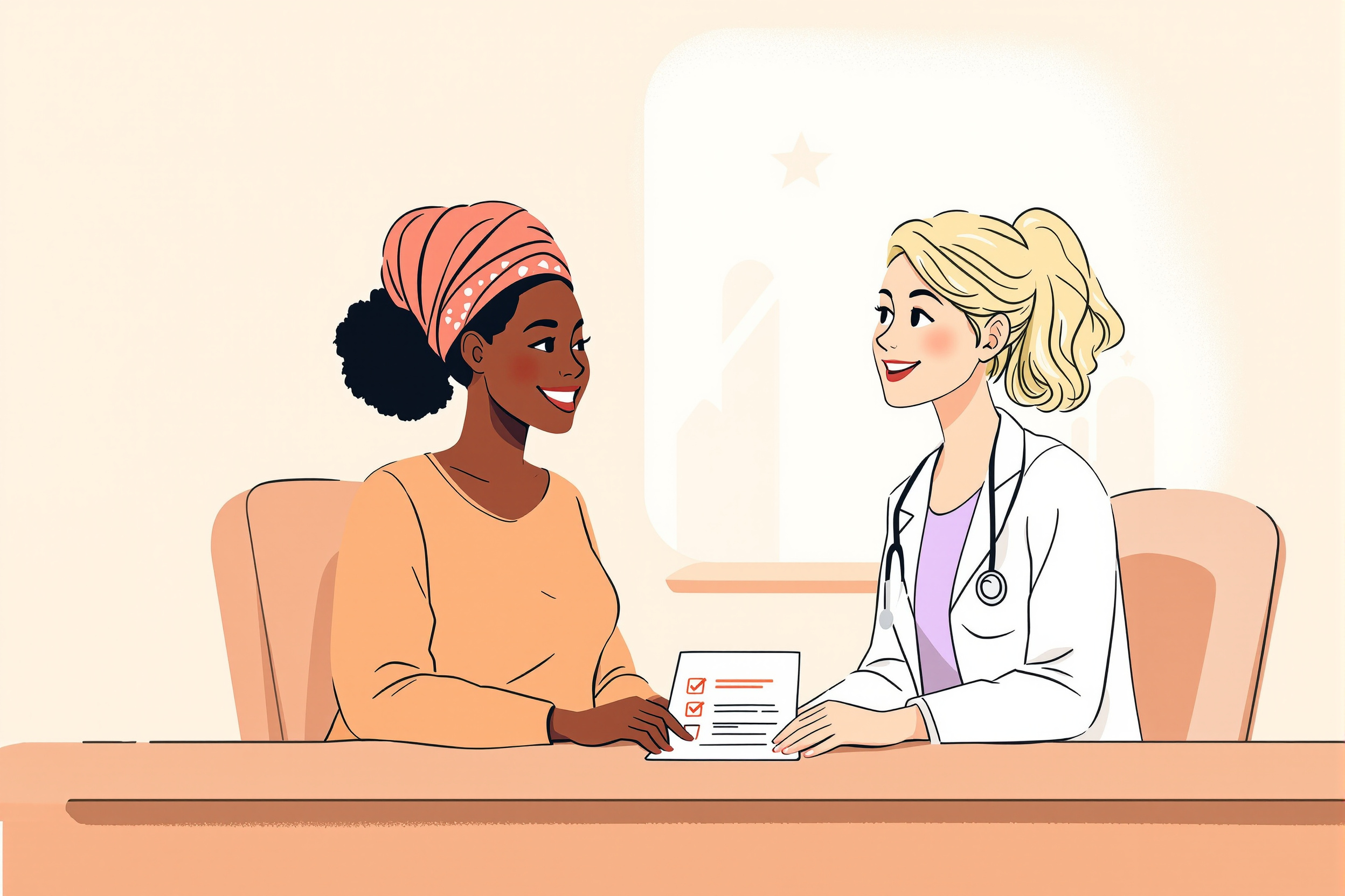 Freundliche Ärztin erklärt einer Patientin die Kostenübernahme für ihre Lipödem-OP.
