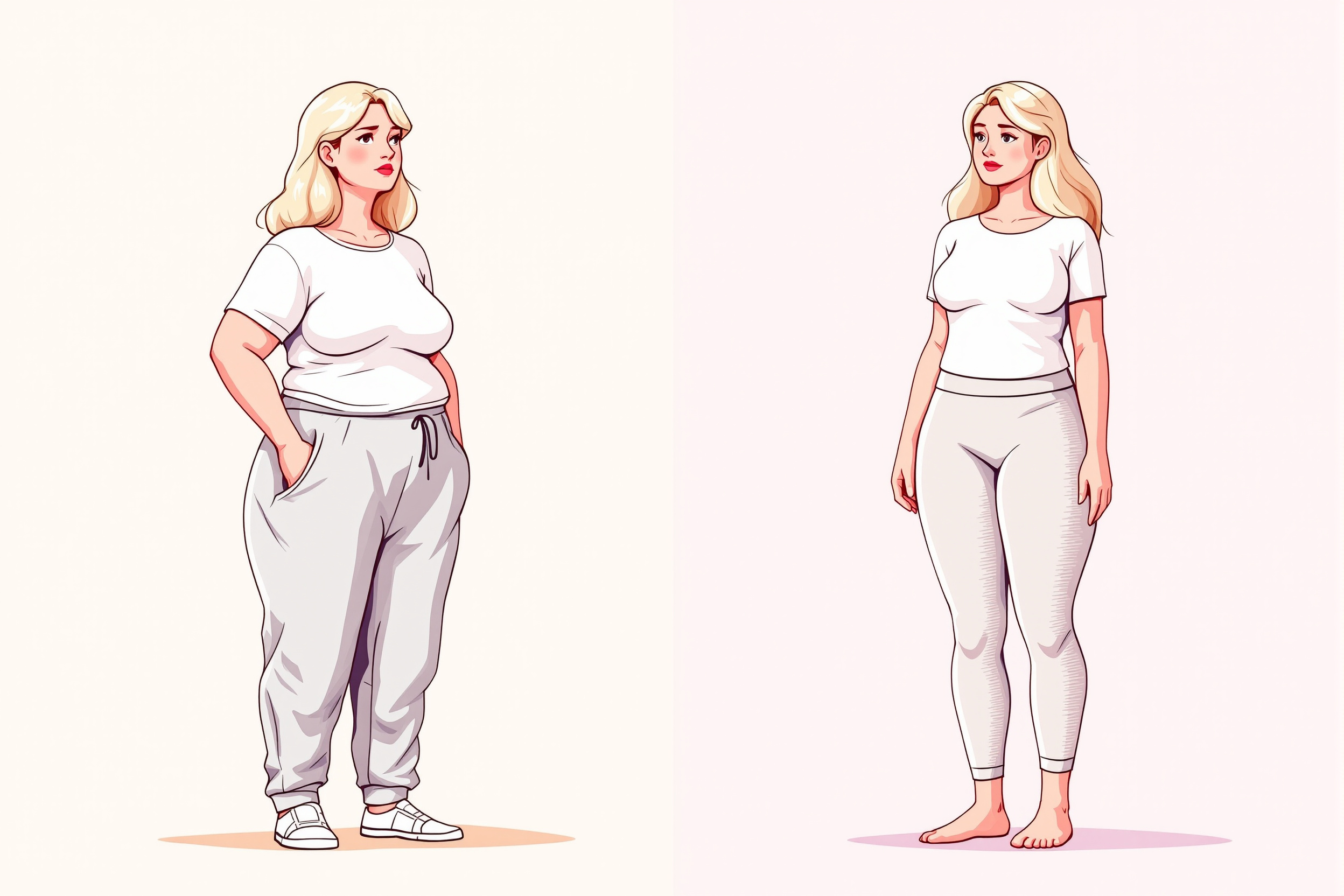 Vorher-Nachher-Illustration einer Lipödem-OP, die eine Frau mit und ohne Lipödem-Symptome zeigt.