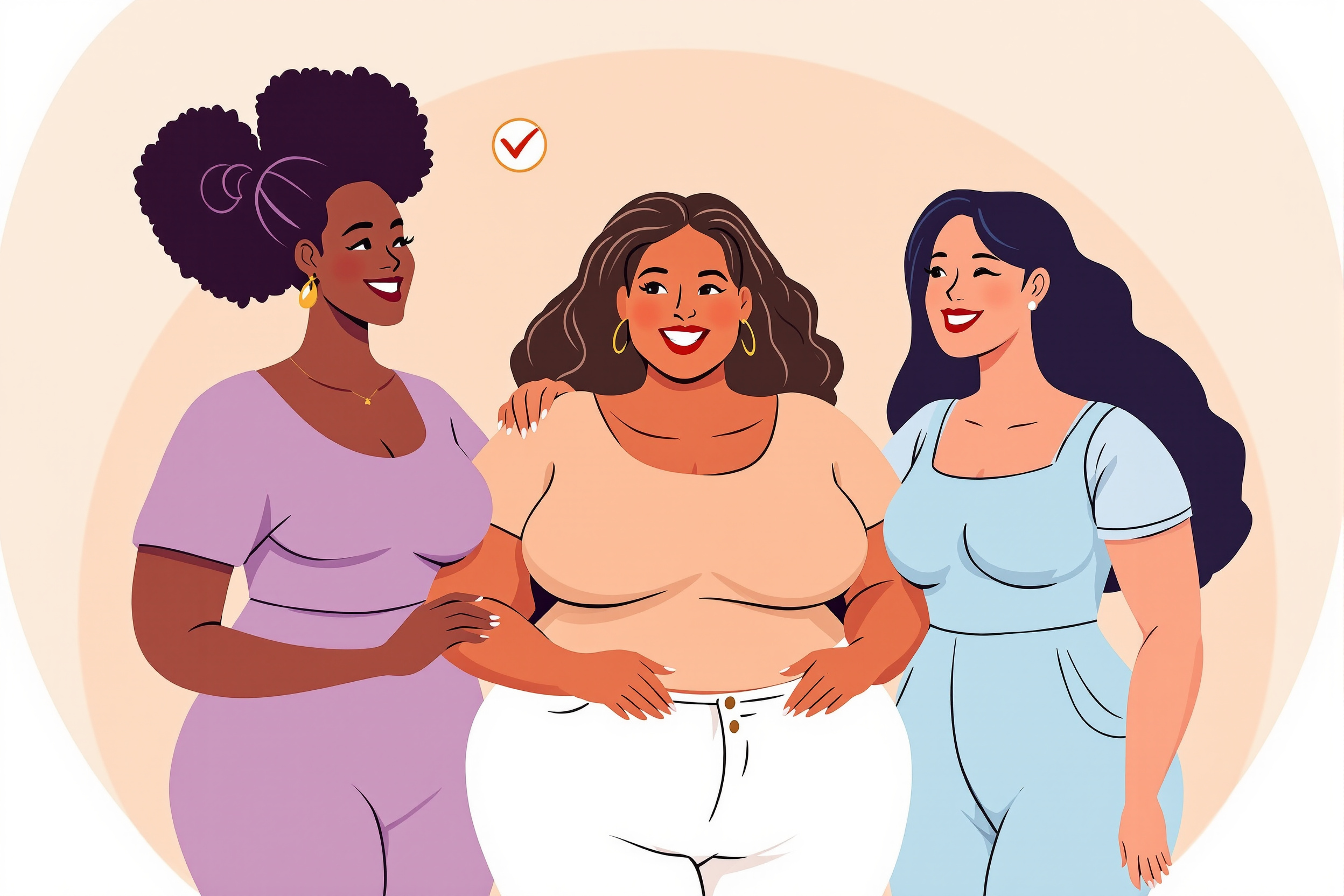 Drei Frauen feiern die neue Liposuktionsrichtlinie bei Lipödem. Freundliche Vektor-Illustration.