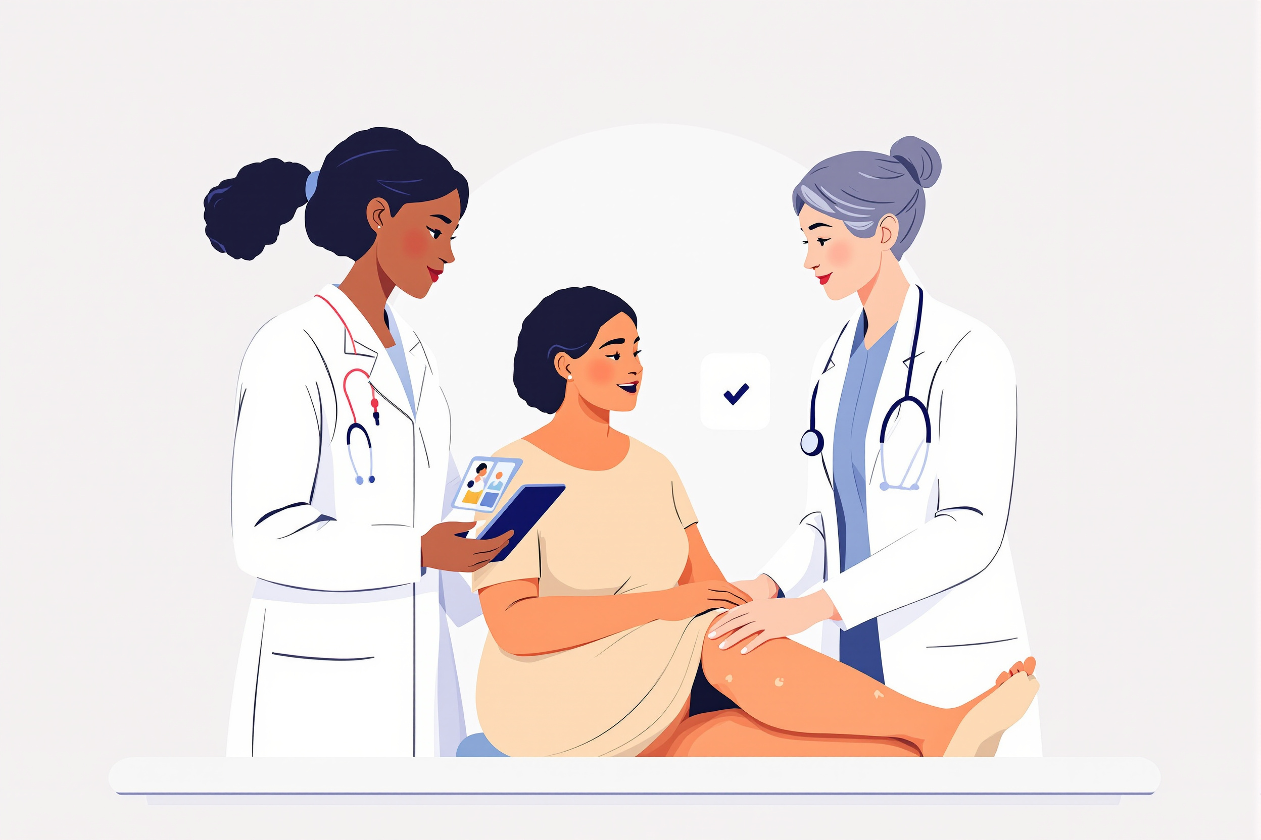 Illustration einer Ärztin, die eine Lipödem-Patientin untersucht, mit einer zweiten Ärztin im Hintergrund, die medizinische Daten auf einem Tablet überprüft.