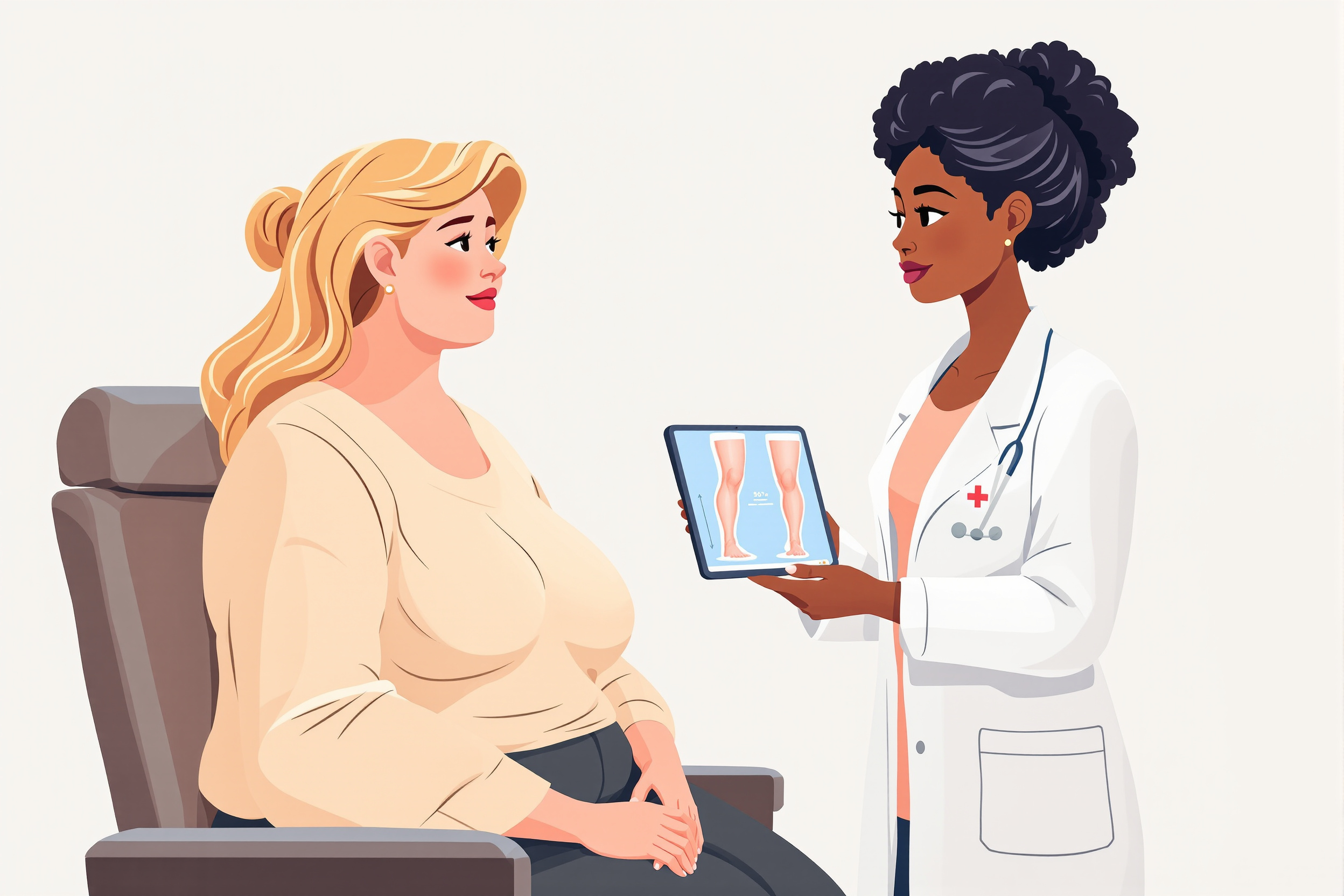 Ärztliche Beratung zur Liposuktion bei Lipödem: Eine Ärztin erklärt einer Patientin die sicheren Volumengrenzen.