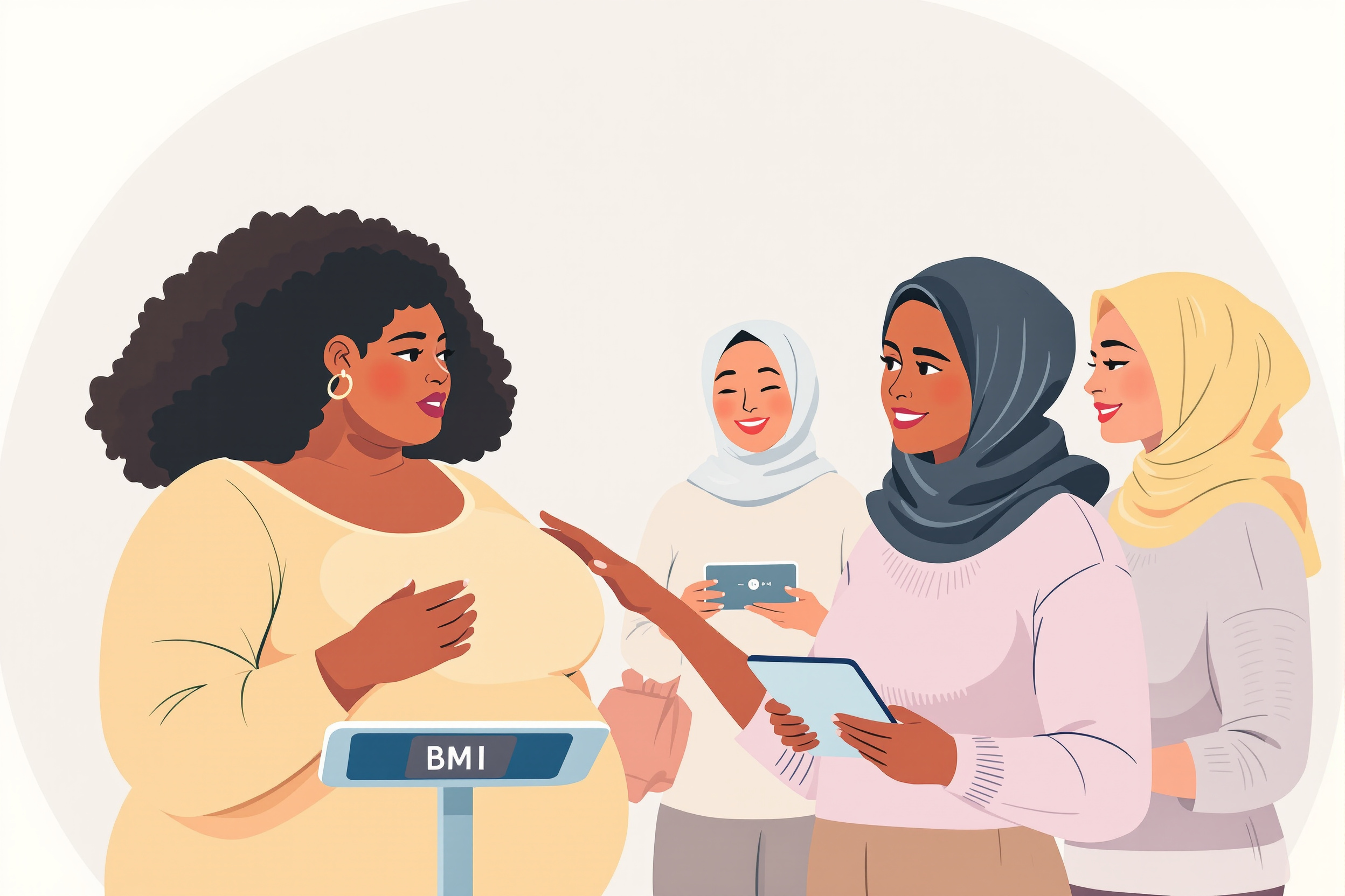 Illustration von vier Frauen unterschiedlicher Herkunft, die sich über BMI-Grenzwerte für Liposuktion austauschen, mit Fokus auf Unterstützung und Inklusivität.