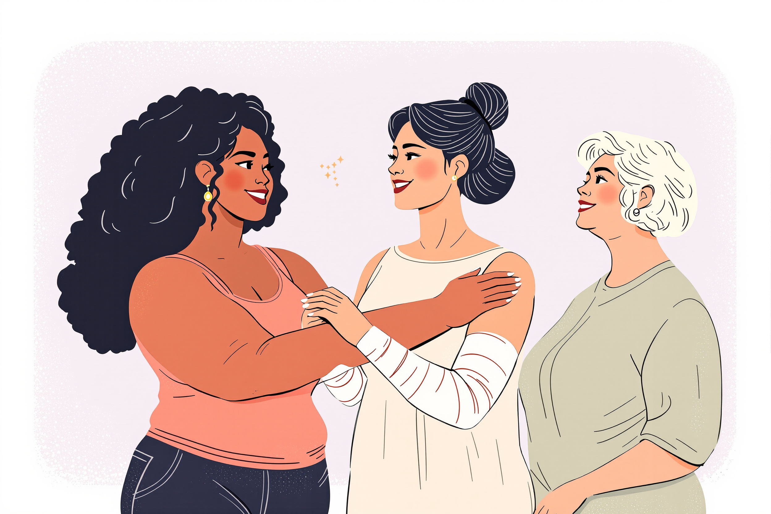 Illustration von drei Frauen unterschiedlicher Ethnien und Körpertypen, die Lipödem-Verständnis und Unterstützung zeigen.