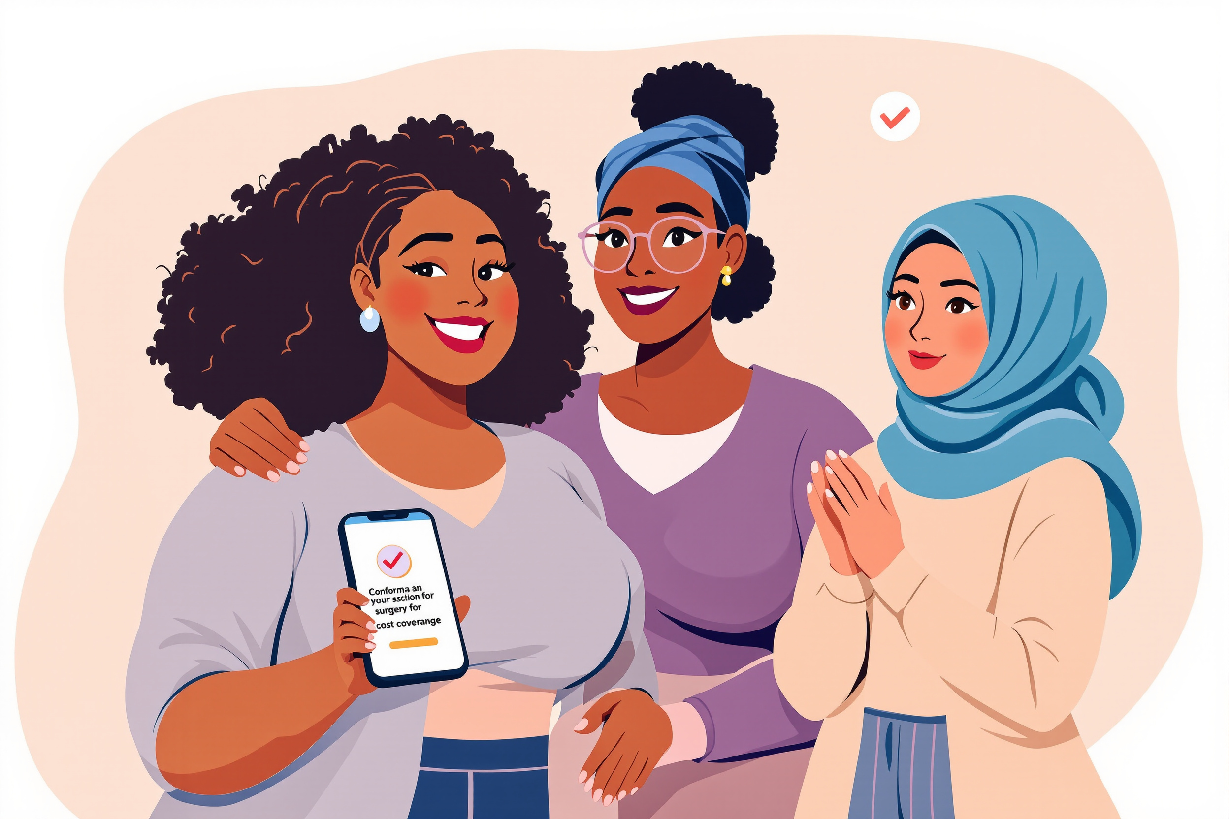 Illustration von vier Frauen, die sich über die Zusage zur Kostenübernahme einer Lipödem-OP freuen.