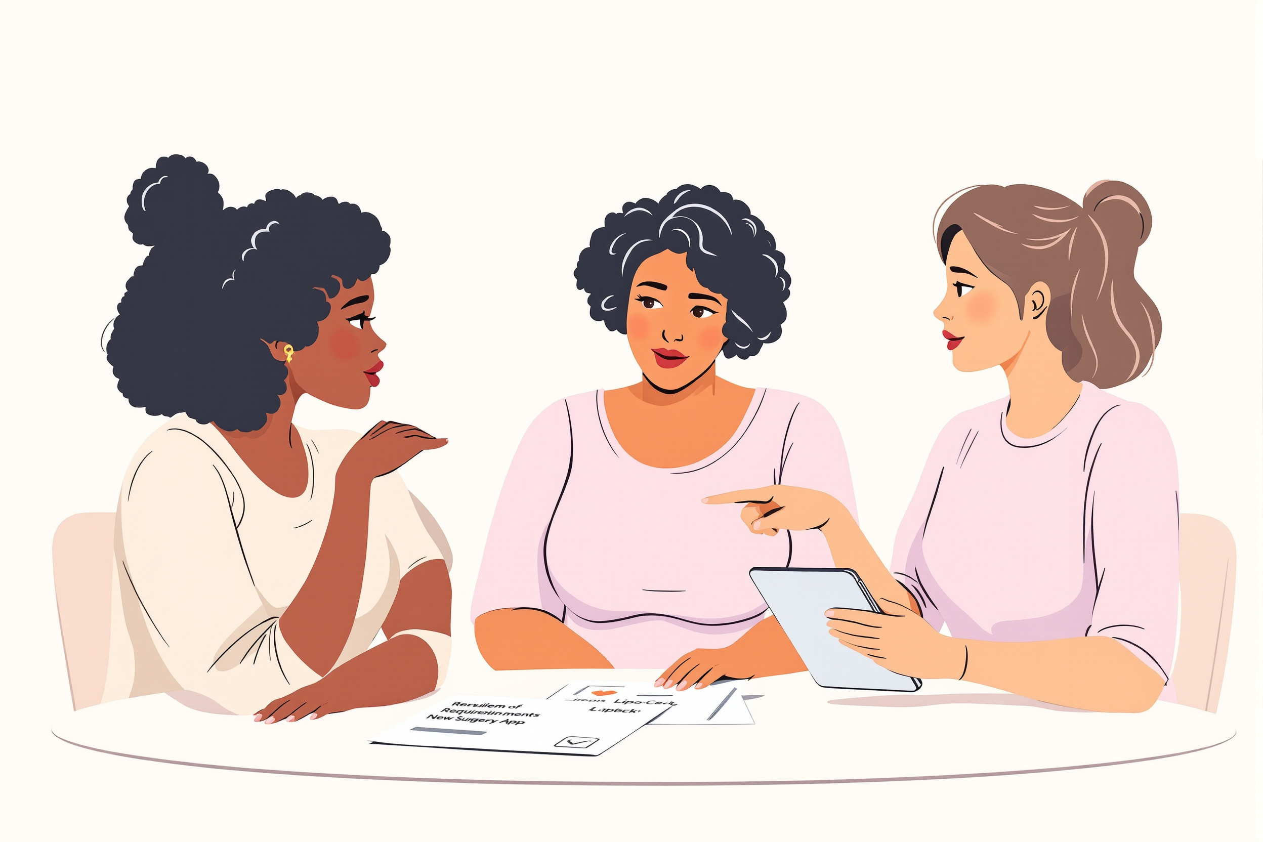 Illustration von drei Frauen, die über die Voraussetzungen für eine Lipödem-OP und die LipoCheck-App sprechen.