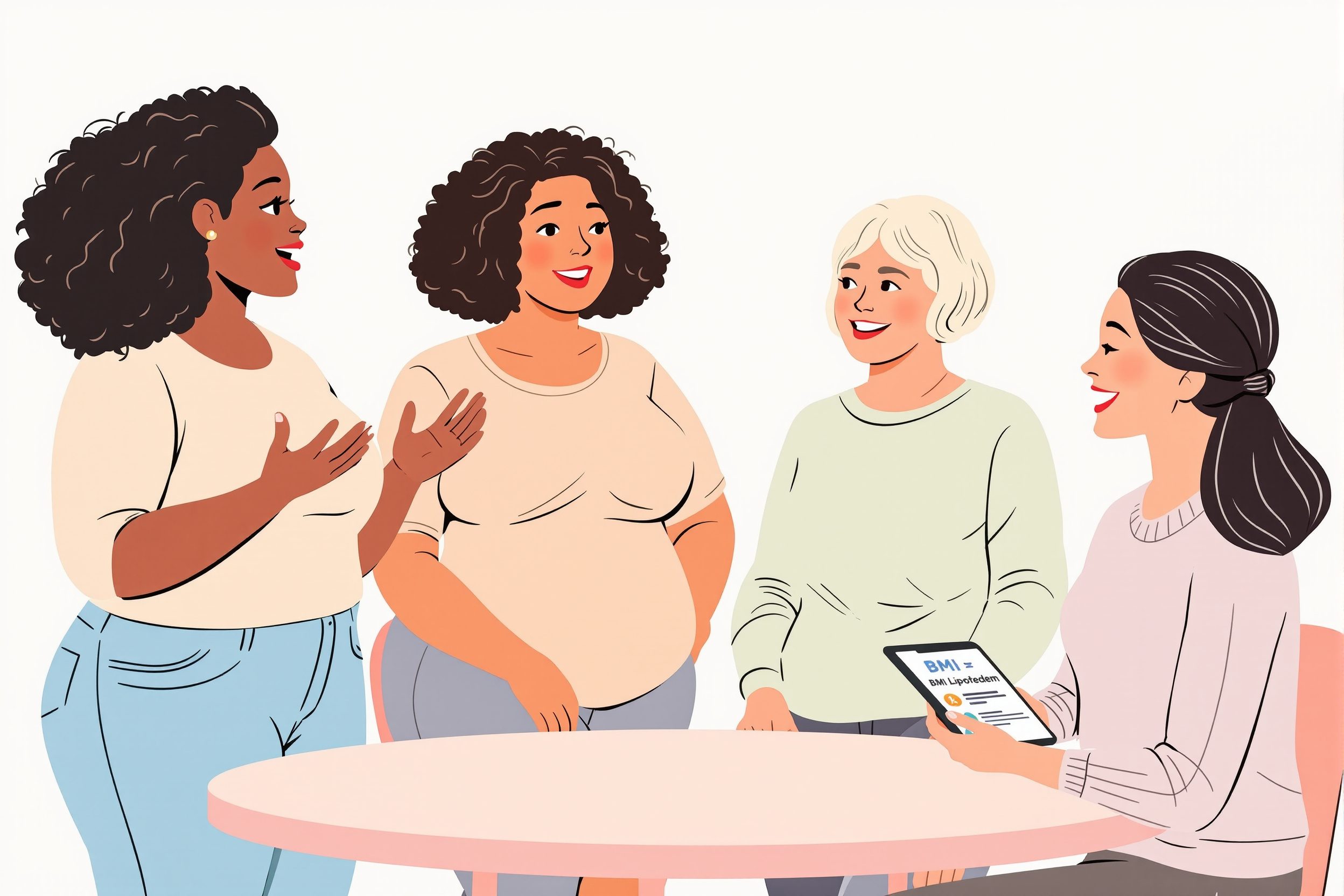 Illustration von vier diversen Frauen, die sich über Lipödem-Diagnosekriterien austauschen, im freundlichen, flachen Vektorstil.