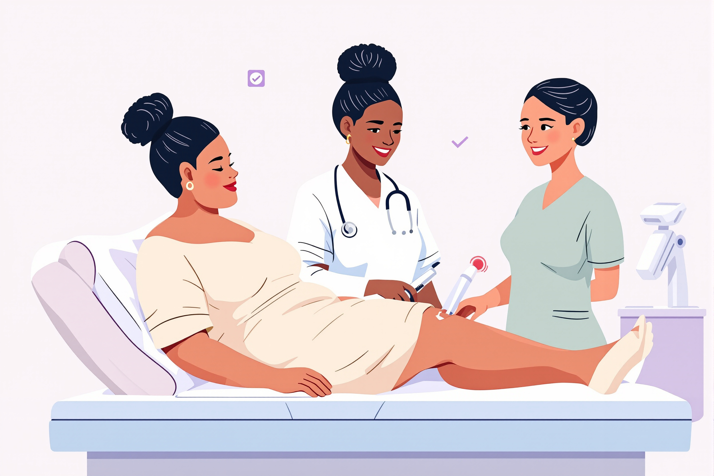 Illustration der WAL-Methode: Eine Ärztin führt eine schonende Liposuktion bei einer Patientin durch.