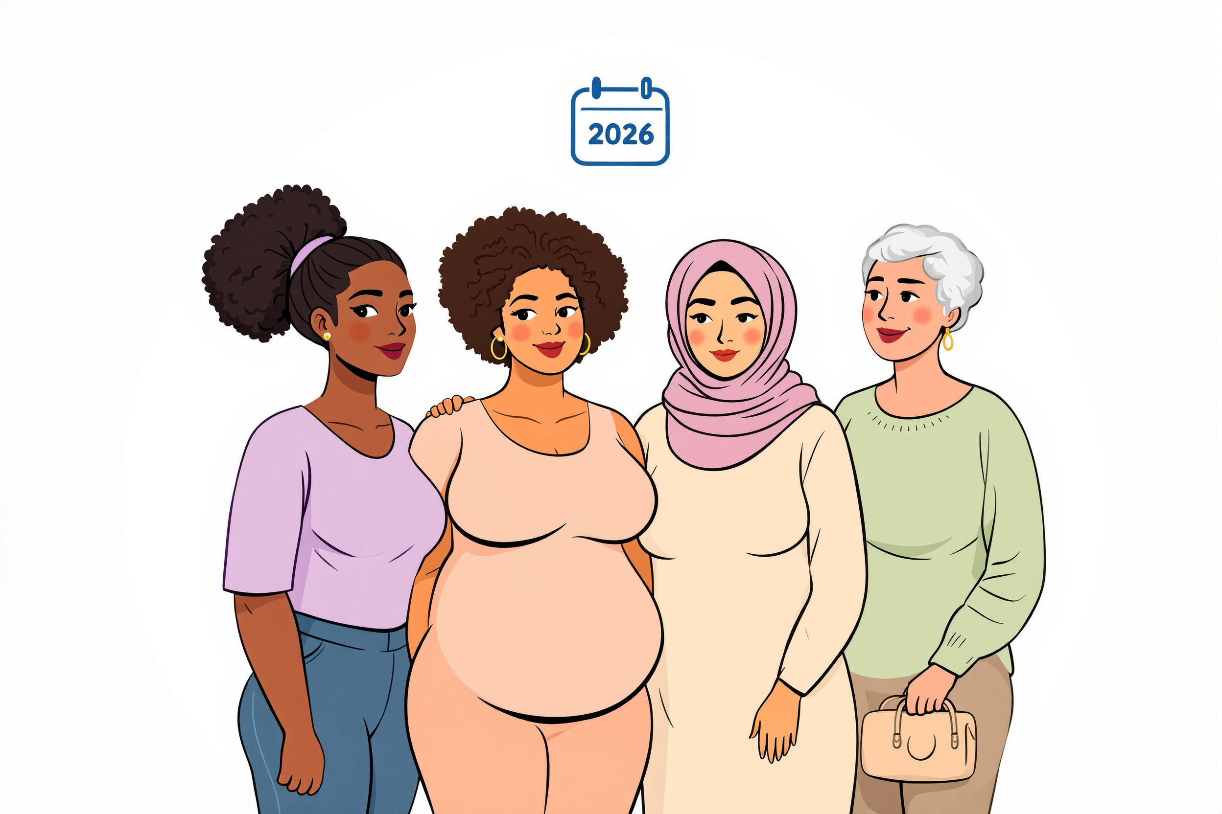 Illustration von vier Frauen, die Hoffnung auf weniger Schmerzen durch Liposuktion bei Lipödem im Jahr 2026 symbolisieren.