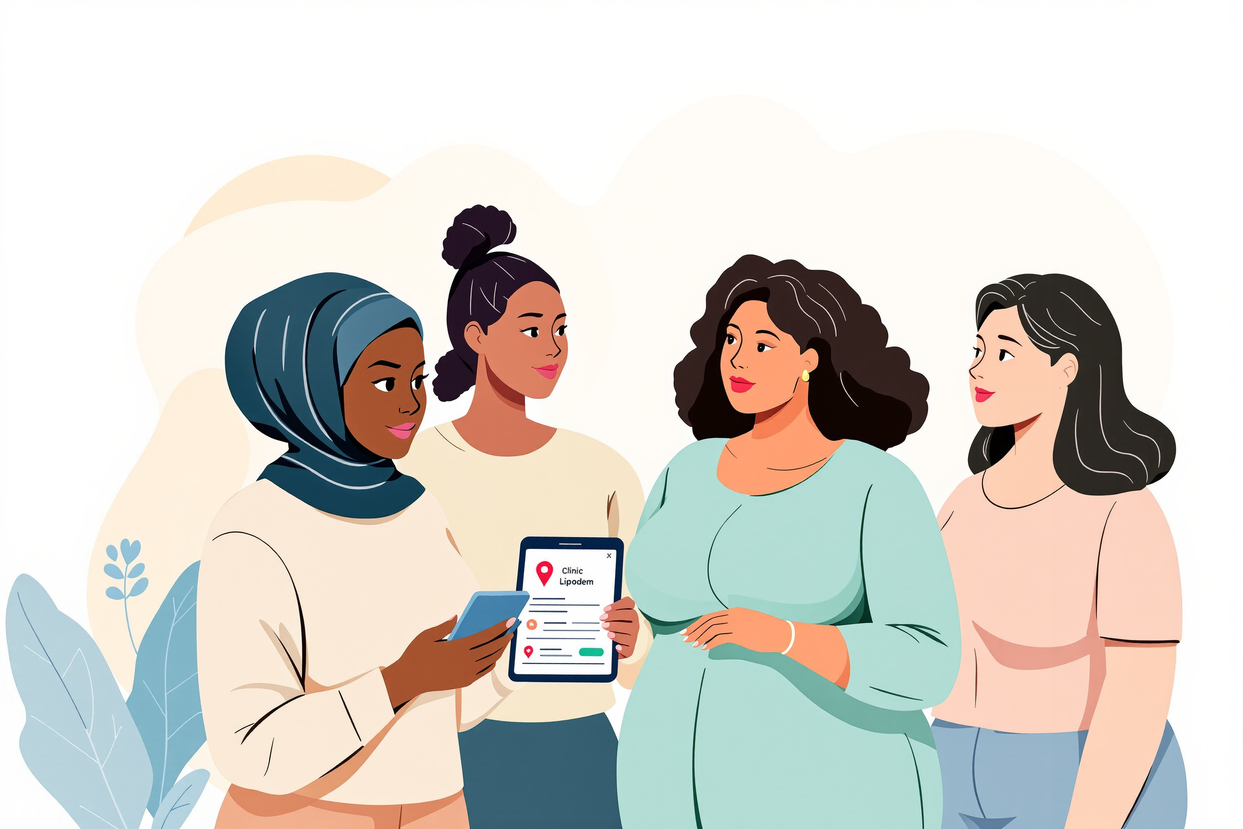 Illustration: Frauen suchen gemeinsam nach einer Lipödem-Klinik mit der LipoCheck App.