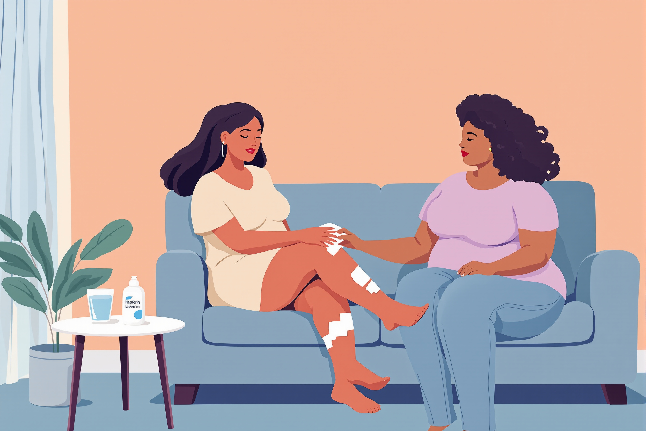 Illustration: Frau trägt Heparin Salbe nach Liposuktion auf, unterstützt von einer Freundin.