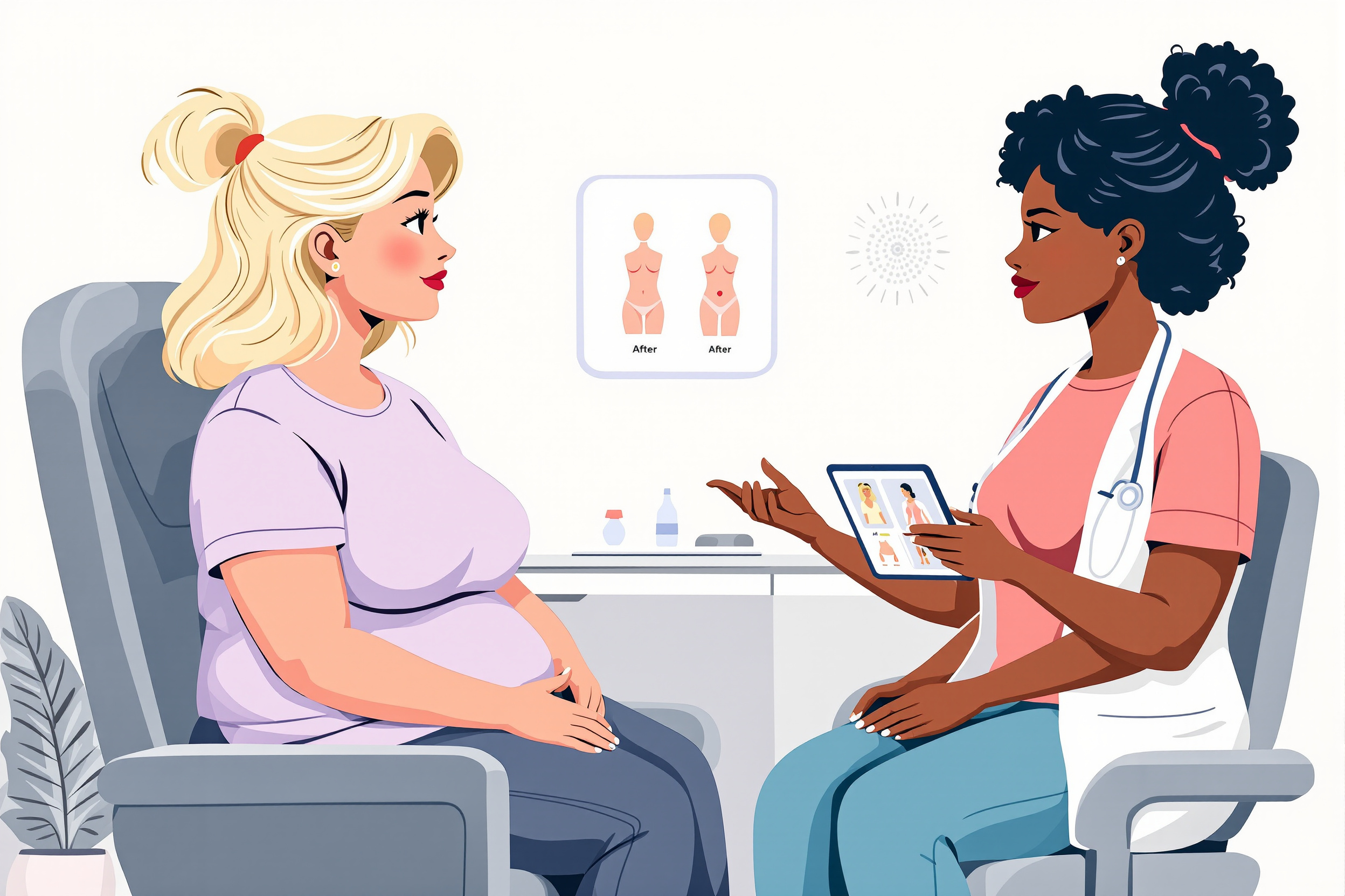Illustration eines Arztgesprächs zur Liposuktion bei Lipödem mit einer Ärztin und einer Patientin.
