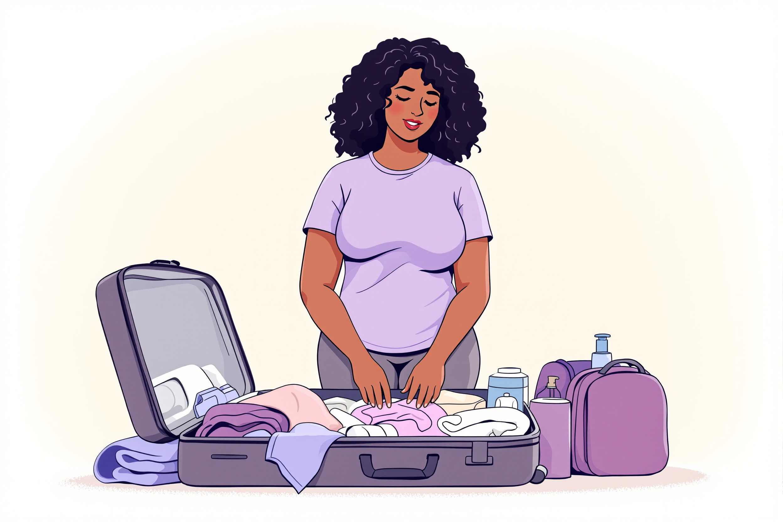 Illustration einer Frau, die ihren Koffer für eine Liposuktion packt, mit Kompressionskleidung und einem Buch.