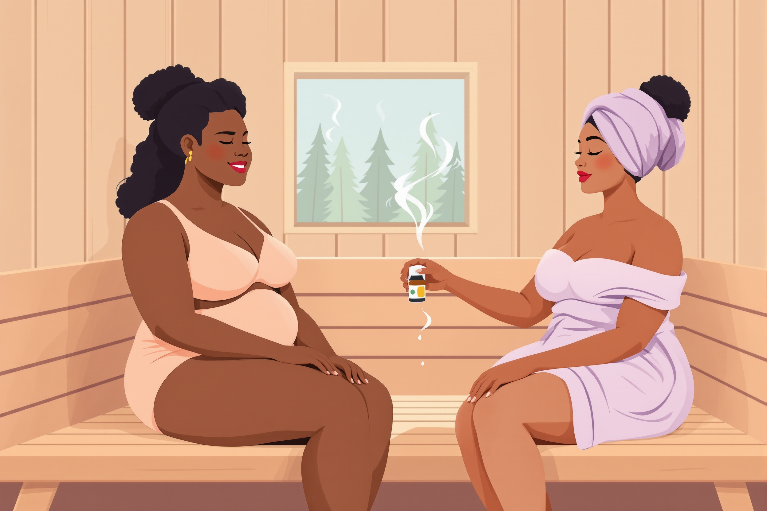 Illustration: Zwei Frauen entspannen in einer Sauna nach einer Liposuktion; positive Darstellung von diversen Körperformen.