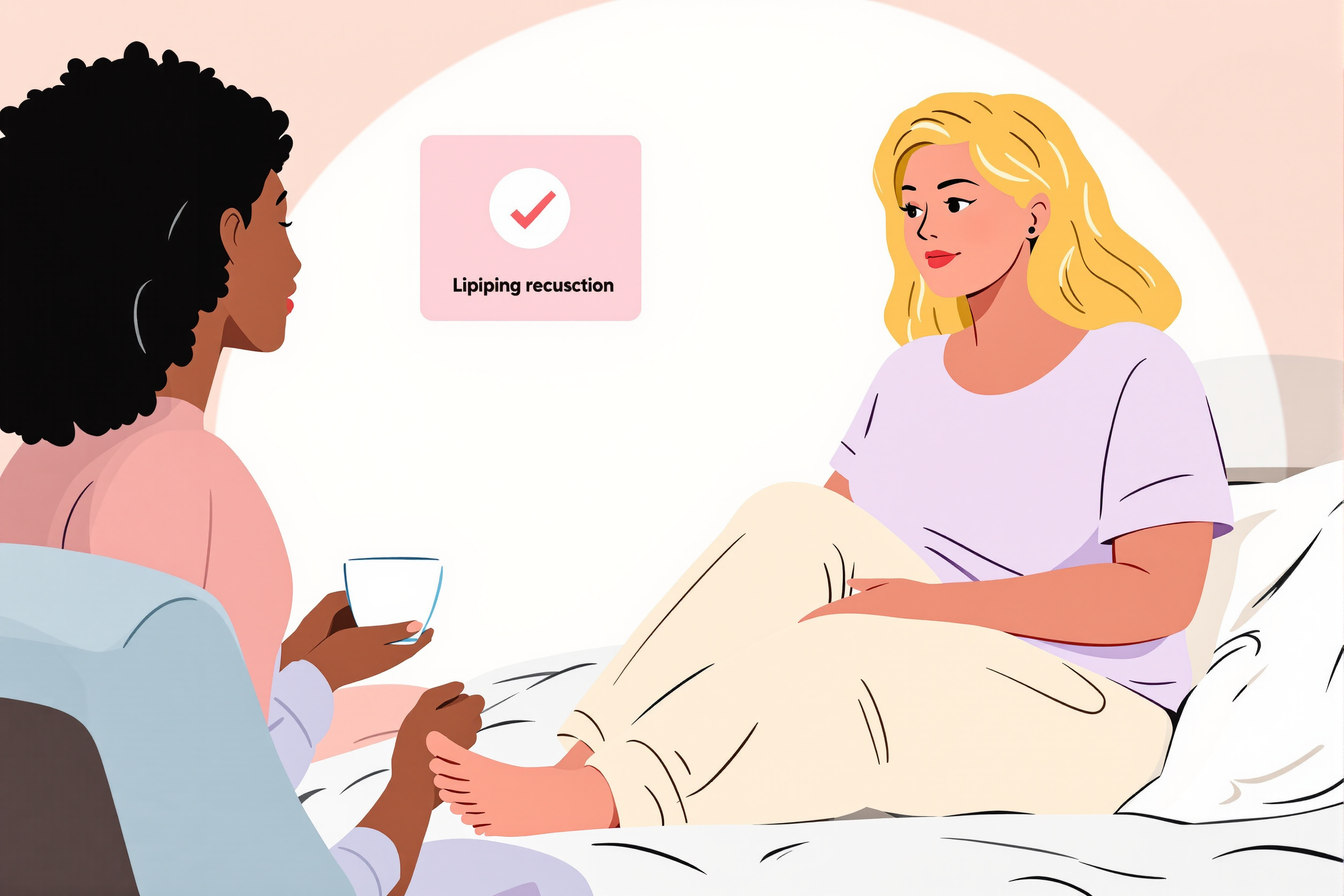 Illustration einer Frau, die sich nach einer Liposuktion der Beine erholt, unterstützt von einer Freundin.