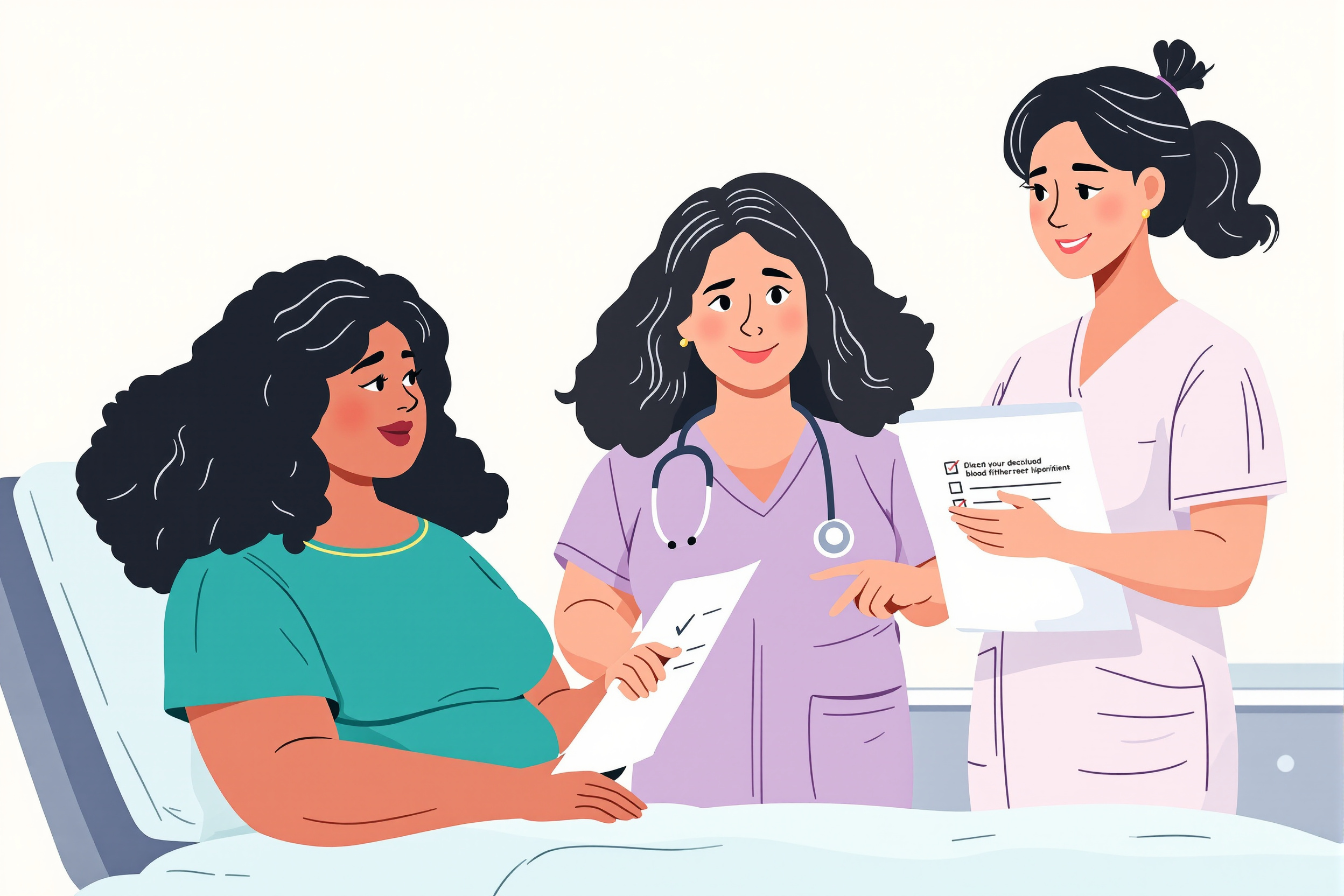 Illustration einer Ärztin, Krankenschwester und Patientin, die eine Checkliste zur Sicherheit vor einer Liposuktion besprechen.