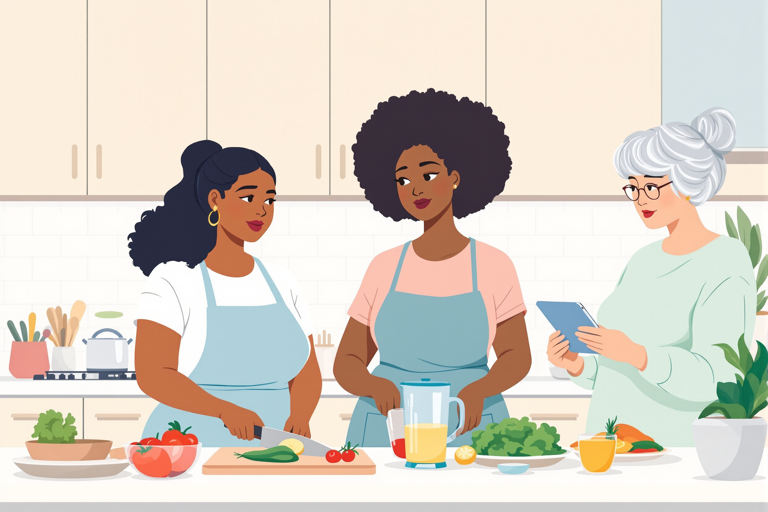 Illustration von drei Frauen, die sich auf eine Liposuktion vorbereiten, indem sie gesunde Mahlzeiten in einer Küche zubereiten. Die Frauen sind unterschiedlicher Ethnien und Körperformen.