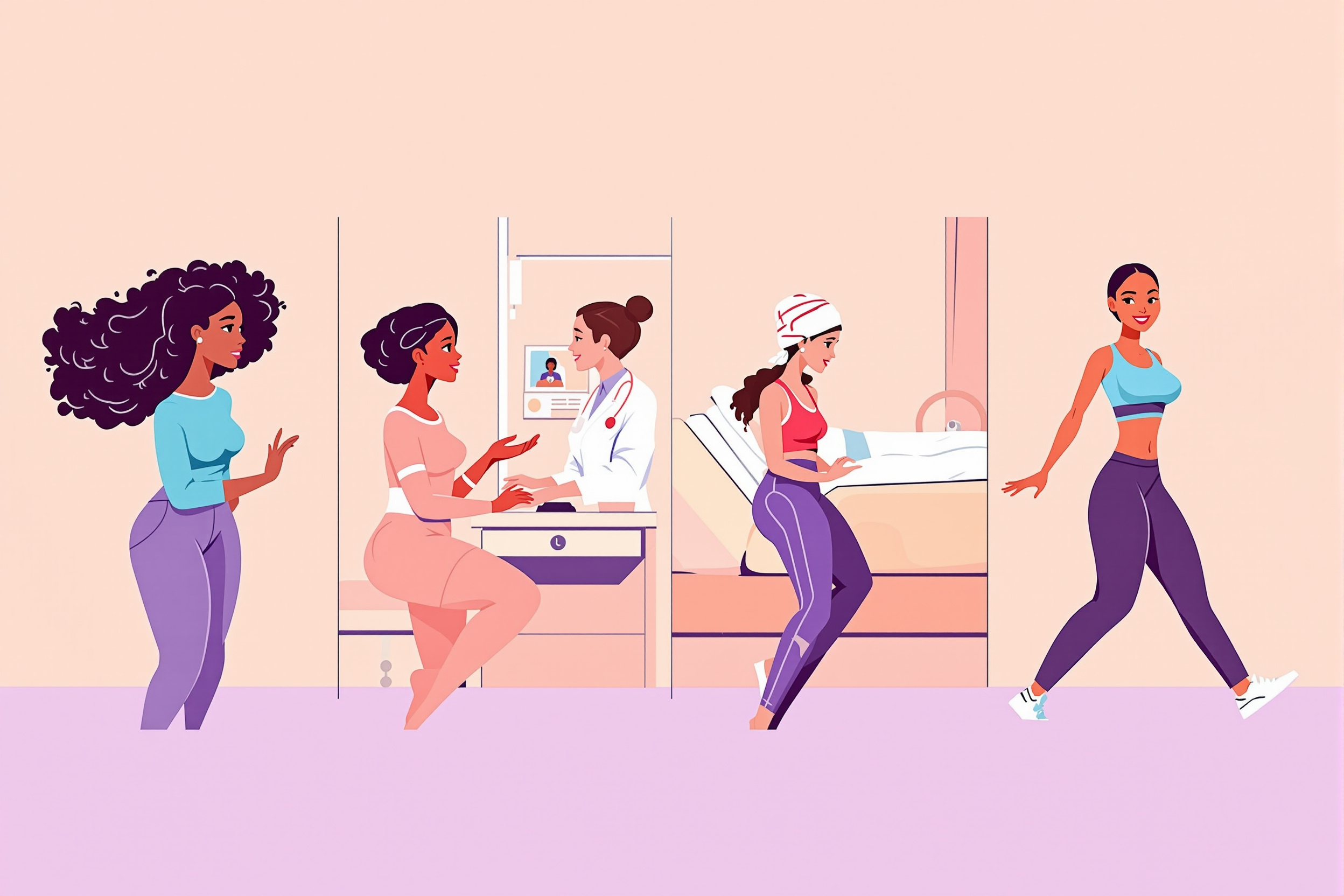 Illustration: Eine Frau durchläuft verschiedene Phasen der Lipödem-OP, von der Beratung bis zur Genesung.